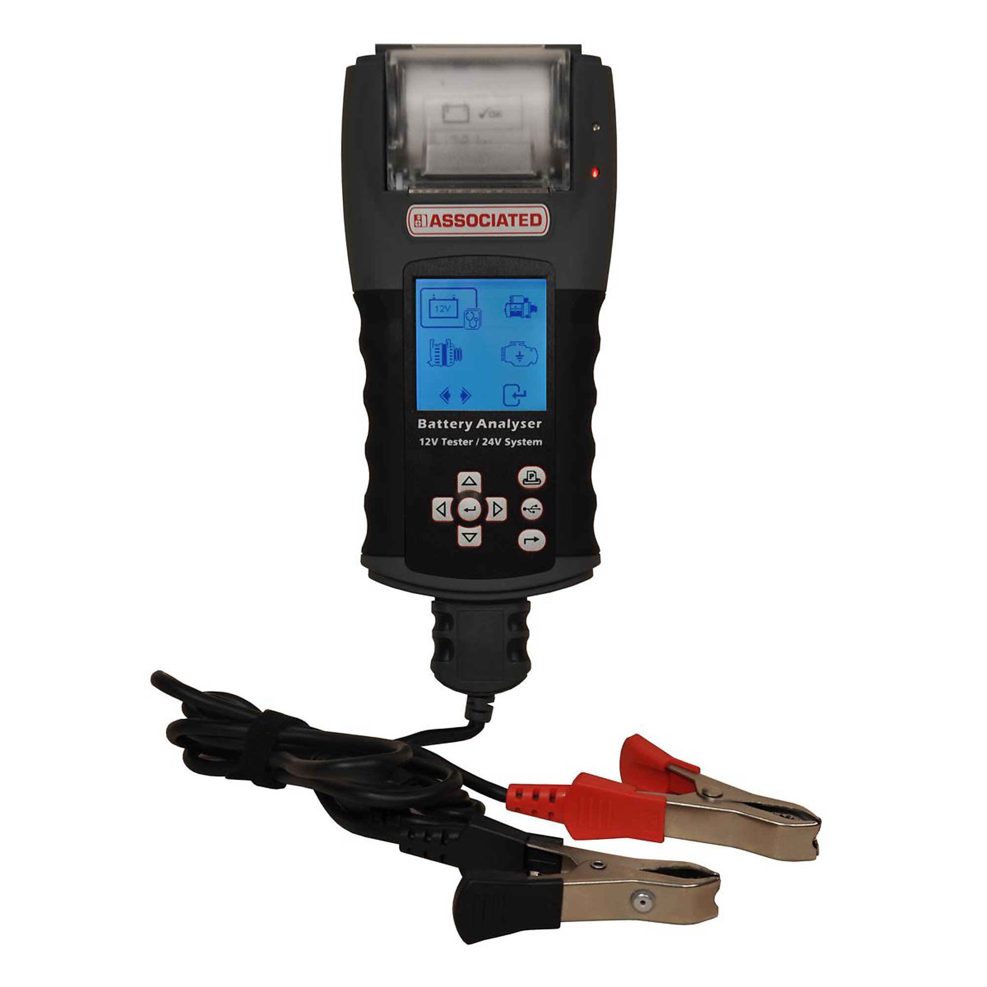 Associated Graphical Hand-Held Battery Tester — Thermal Printer, USB Port, Tests 12V Flooded/AGM/Gel Cell/EFB Batteries, Model# ASO12-2415