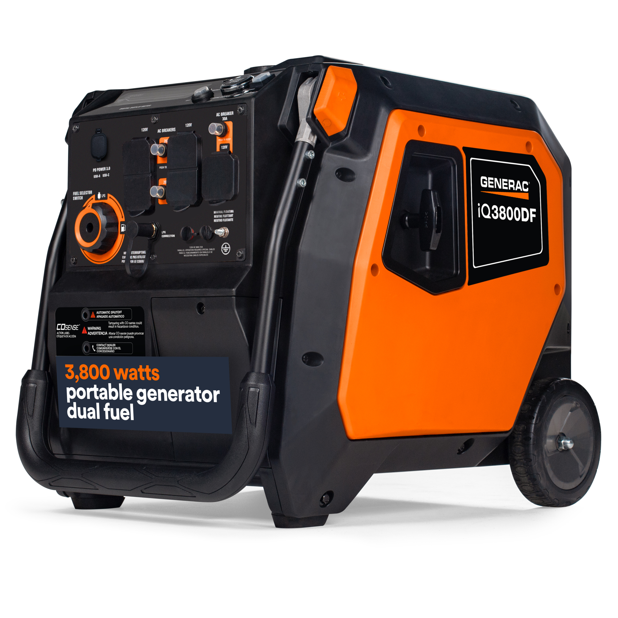 Generac 8944 iQ3800DF 3800 / 3000 Watt Dual Fuel Portable Inverter Generator w/ COSense, Electric Start with Battery Included, 49ST