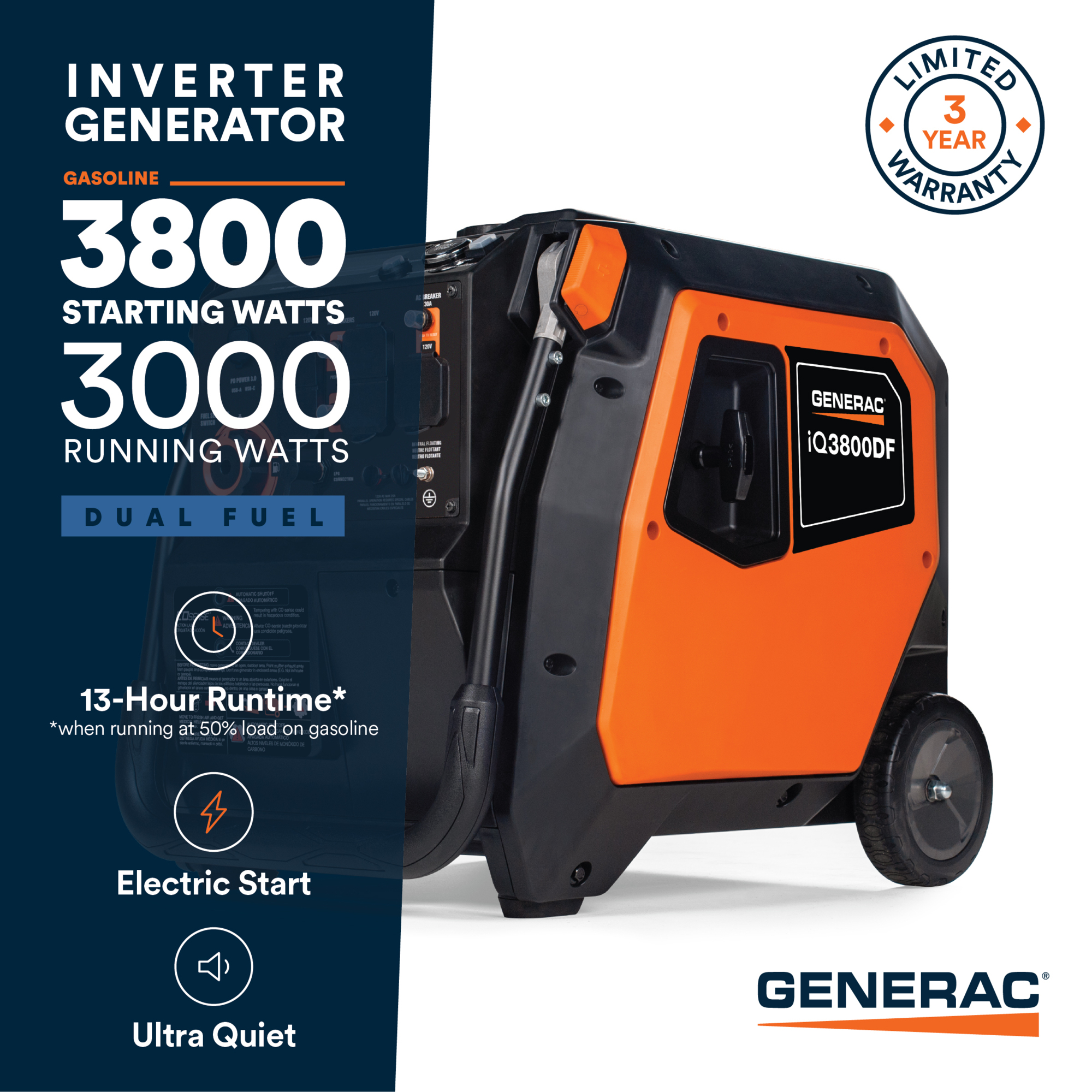 Generac iQ3800 Dual Fuel Portable Generator — Push Button Start
