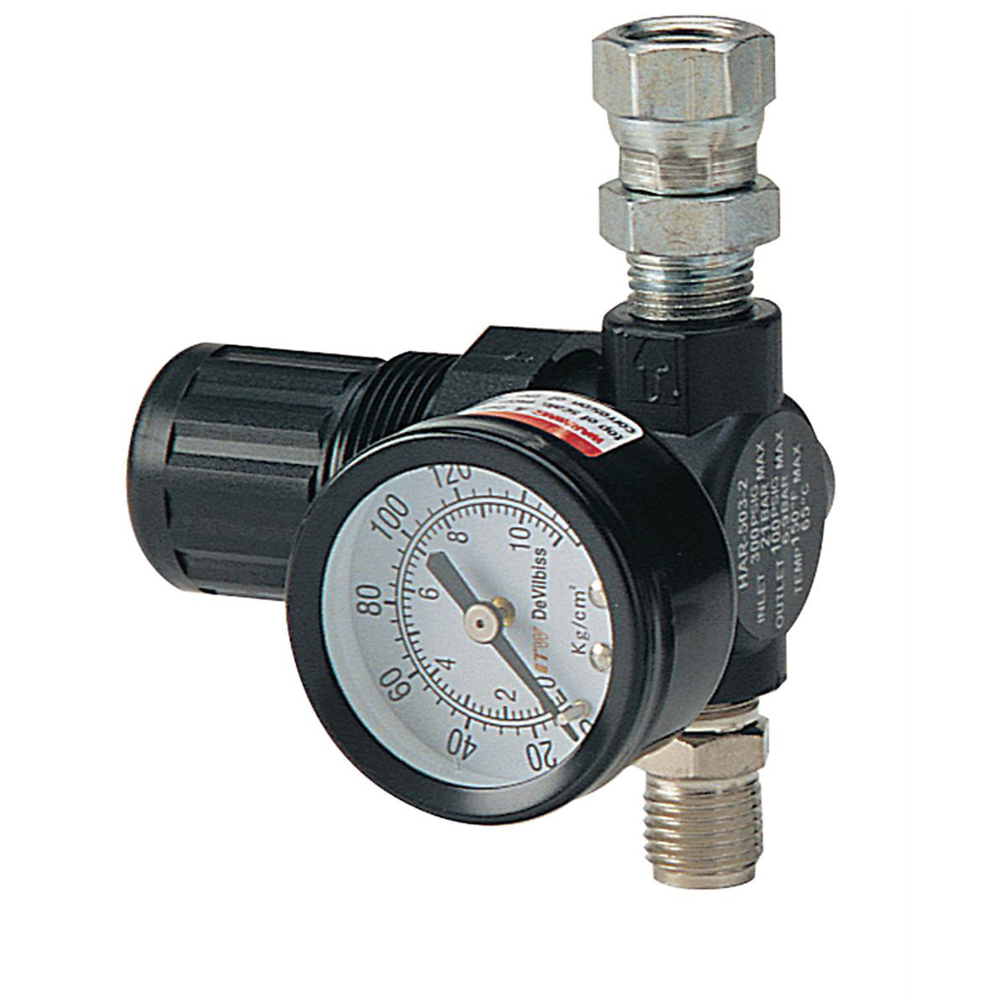 DeVilbiss Air Regulator and Gauge Assembly — Diaphragm-Relieving, Lightweight Design, Swivel Adapter, Model# DEVHARG510