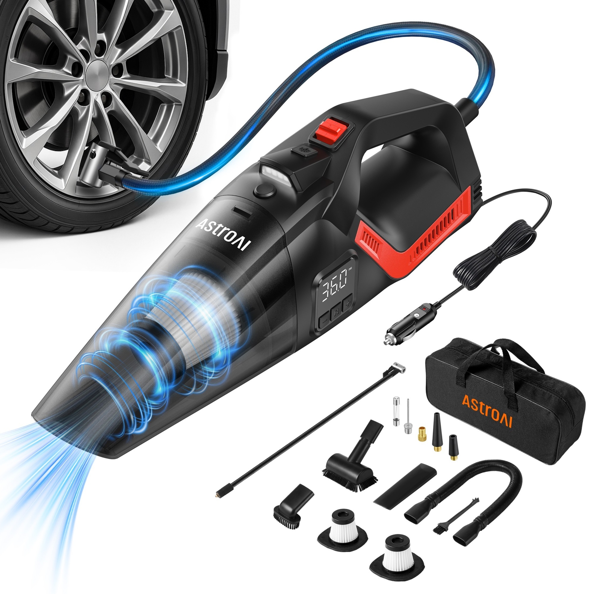AstroAI 2-in-1 Car Vacuum and Tire Inflator — 150 PSI, 40,000 RPM, 12V, 5m Cord, Model# AHVCV3RD-US-1