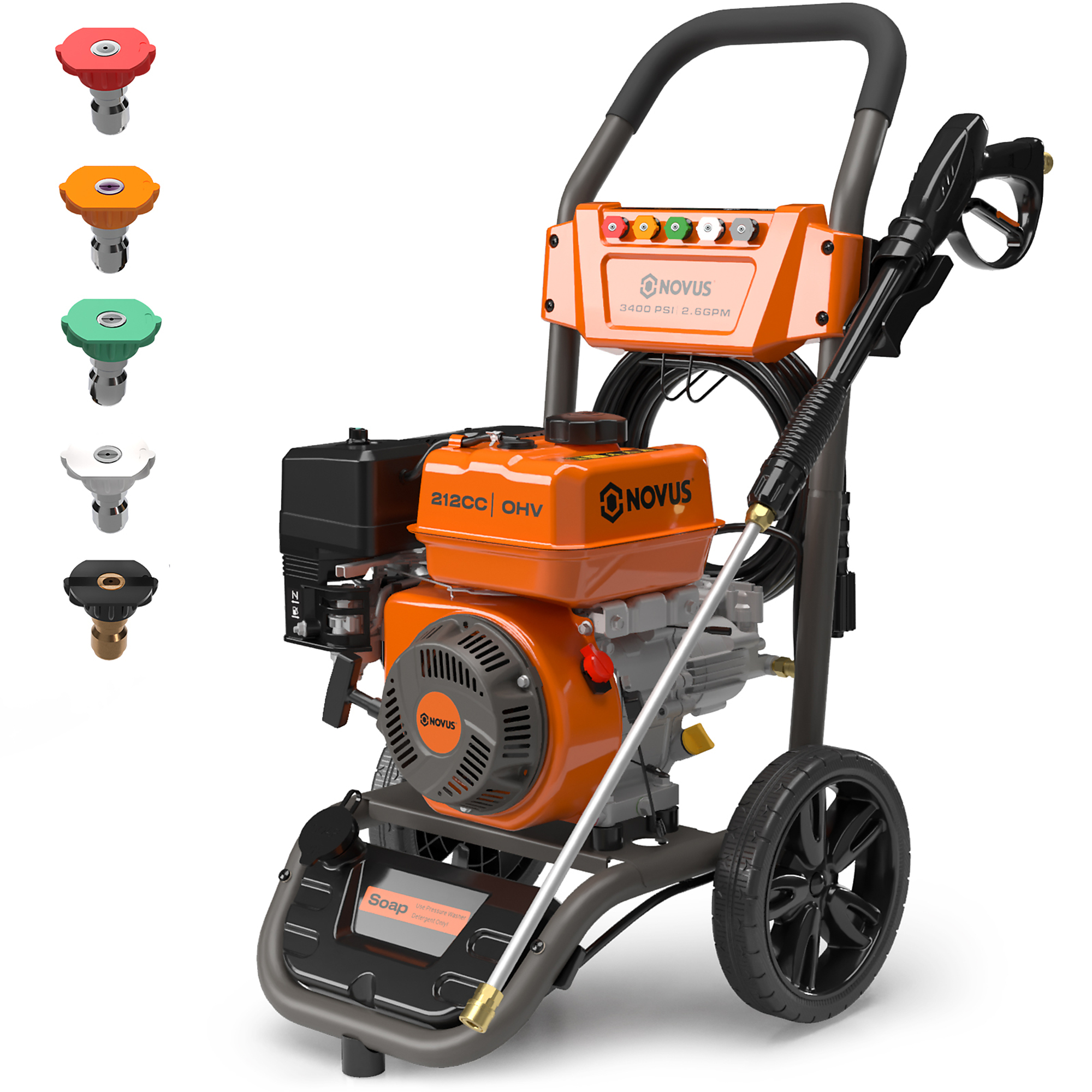 Novus Gas Pressure Washer — 3400 PSI, 2.5 GPM, 30ft. Hose, 5 Nozzles, On-Board Soap Tank, 212cc Engine, Model# NV3400PWG