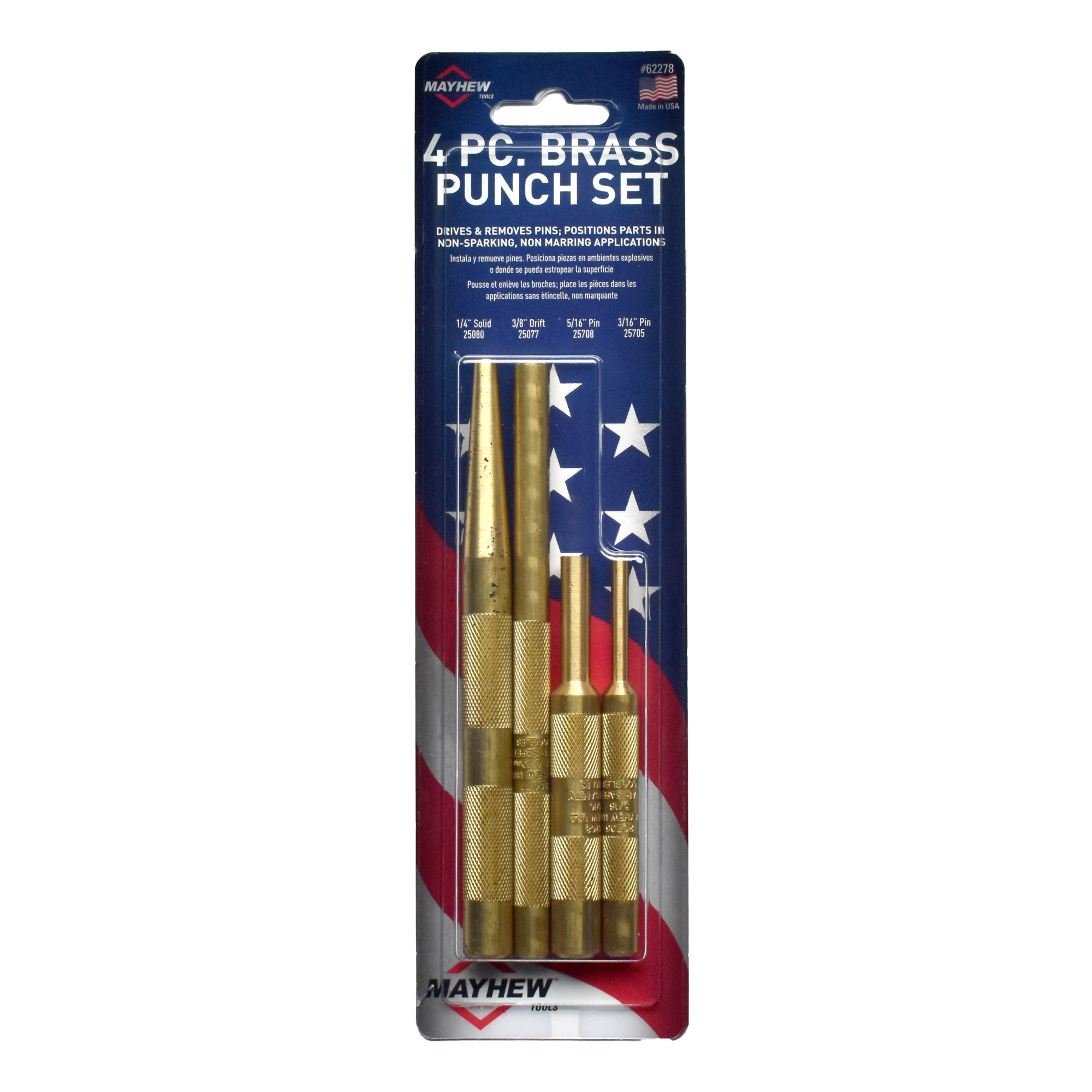 Mayhew Tools 4 PC Brass Punch Set (SAE) 62278, Carded