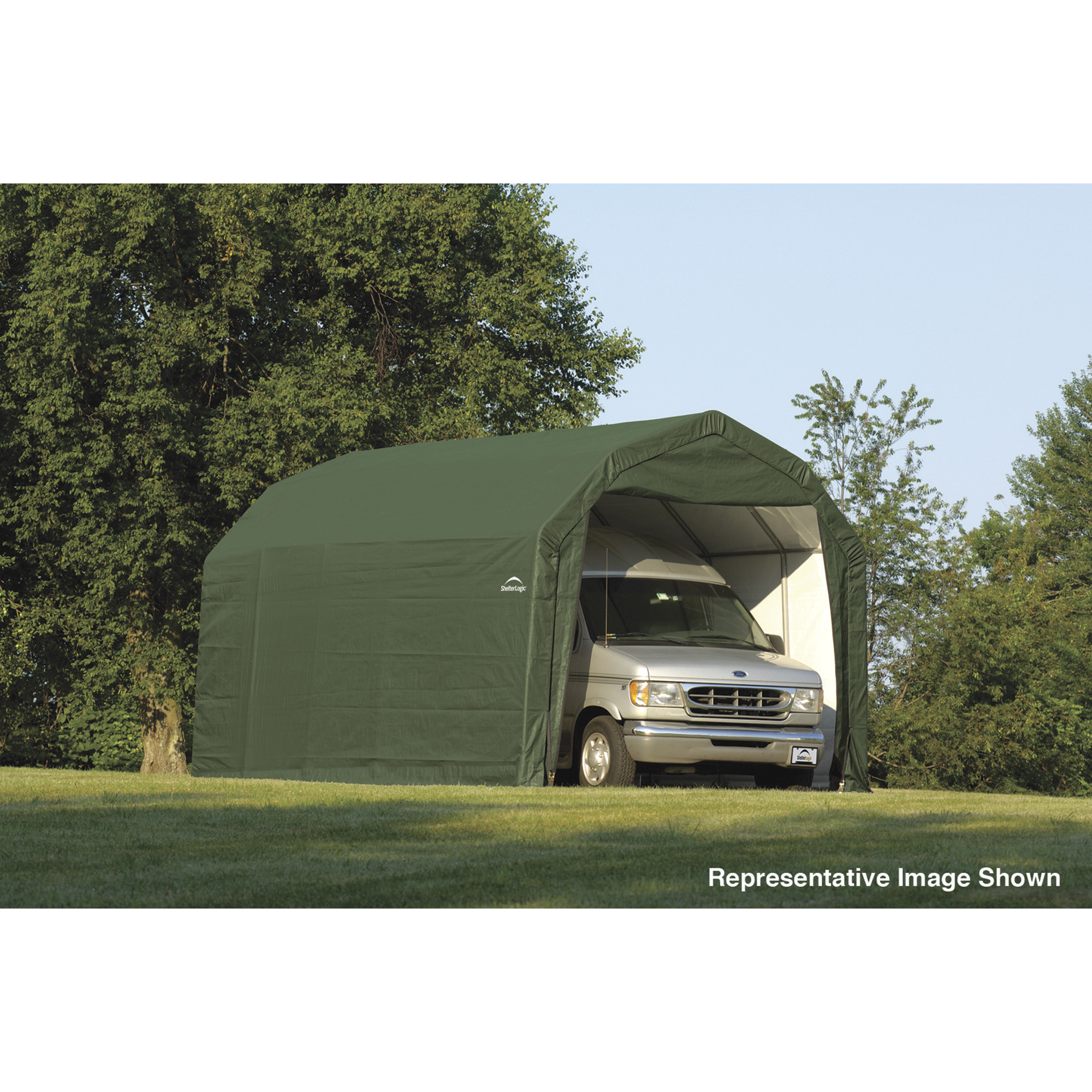 ShelterLogic 12Ft.W Homestead Barn Style Garage, 28ft.L x 12ft.W x 9ft.H, Green, Model# 97254