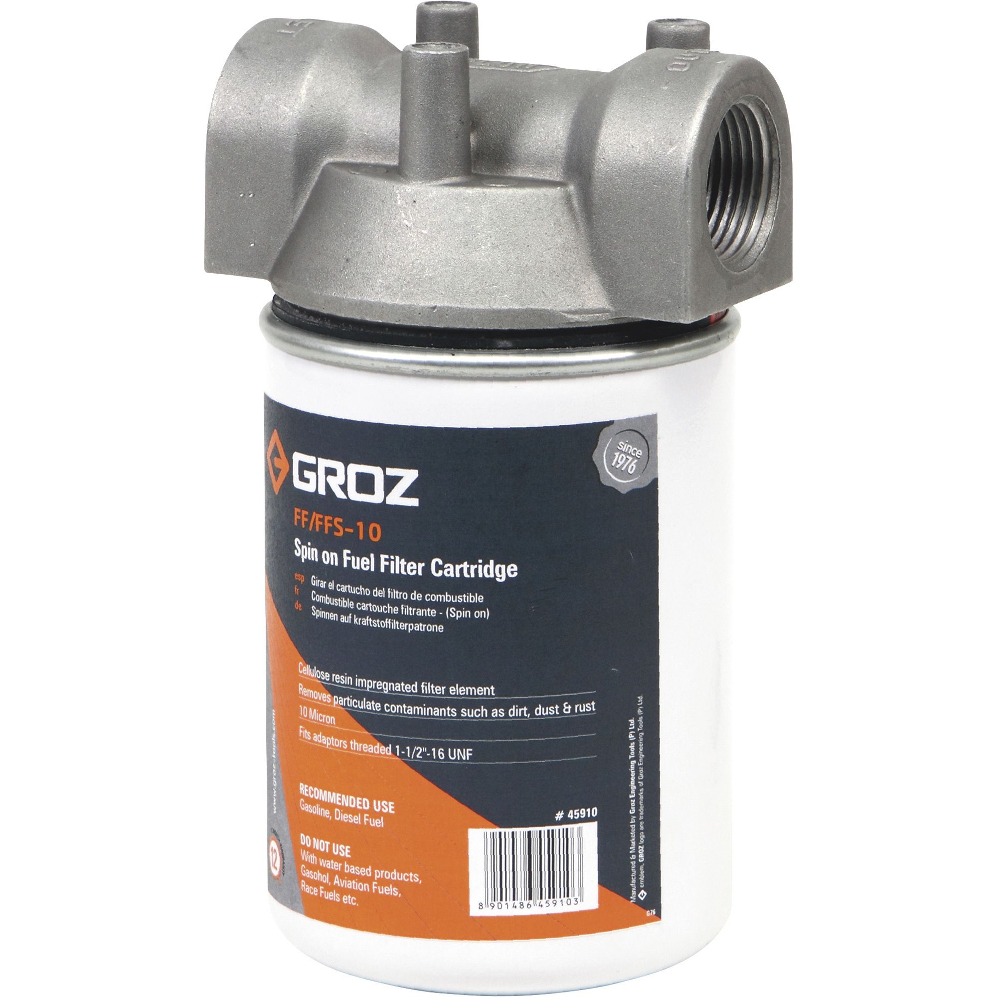 GROZ Fuel Filter with Spin On Cartridge, 10 Micron, 20 GPM, 1in. NPT Thread, Model# FFS/10/N