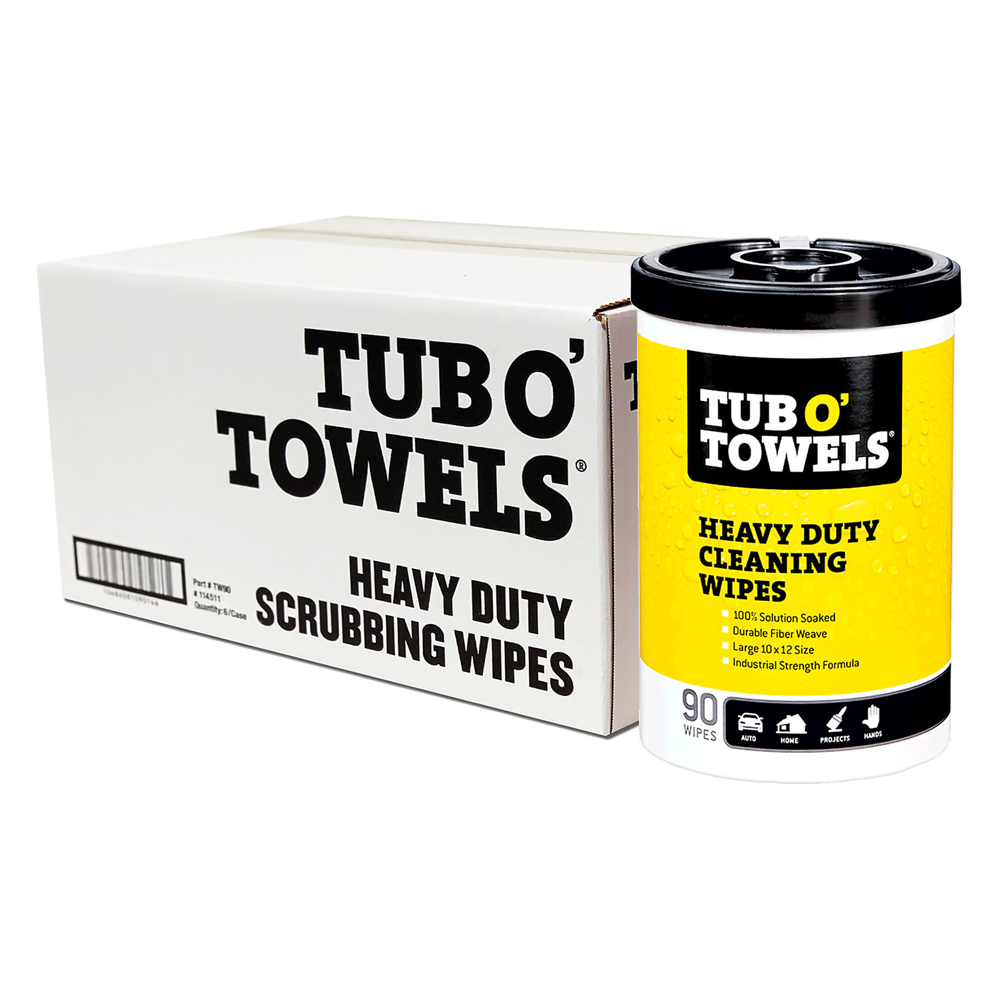 Tub O' Towels Heavy-Duty Cleaning Wipes — 90 Ct, 10in. x 12in., Case of 6, Model# TW90-CS