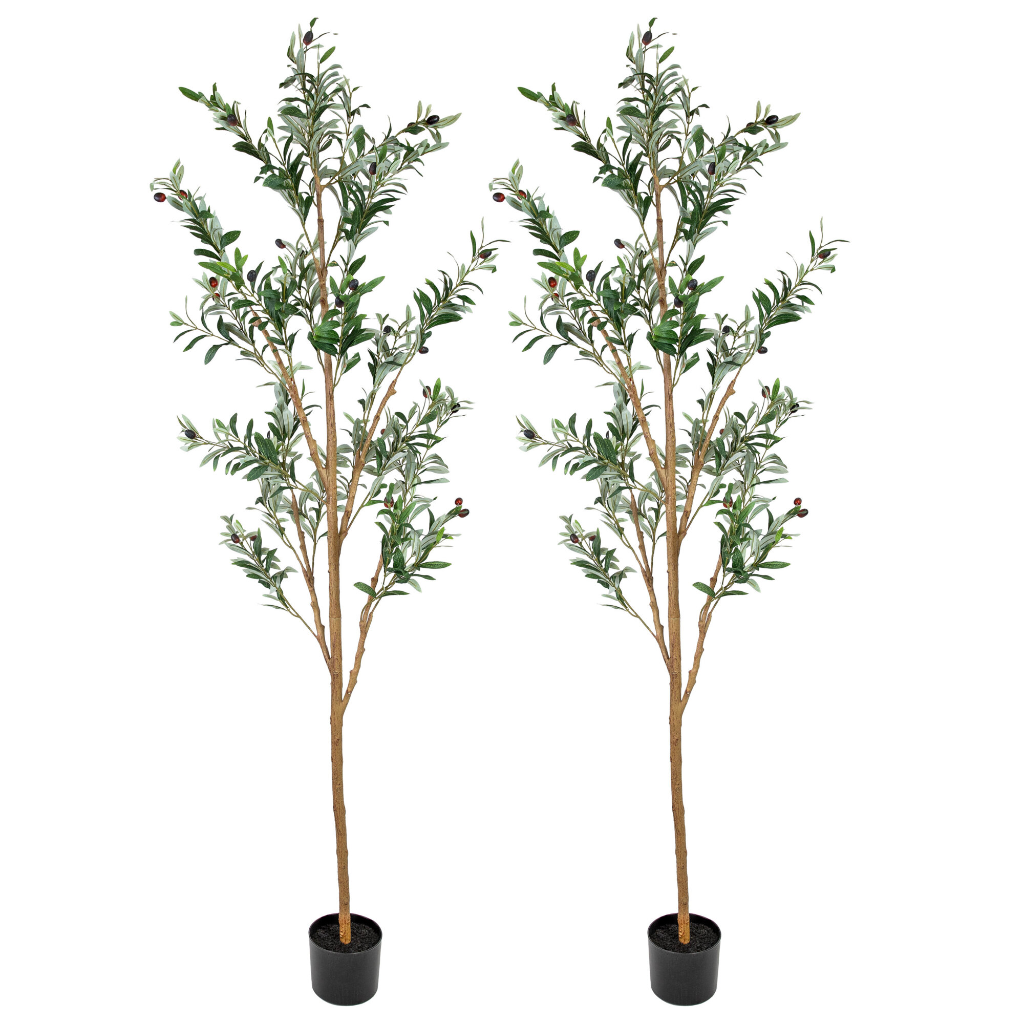 Sunnydaze Decor Artificial Olive Tree — 7ft., Silk Leaves, Black Planter Base, 2 Pcs, Model# QCW-3972