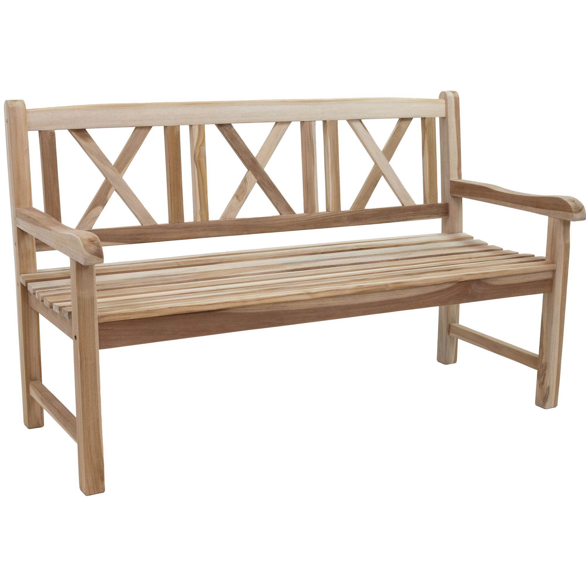 Sunnydaze Decor 3-Person Teak Outdoor Patio Garden Bench — 59in. x 24.5in. x 36in., Cross-Back Design, 675-Lb. Capacity, Model# LAX-5021
