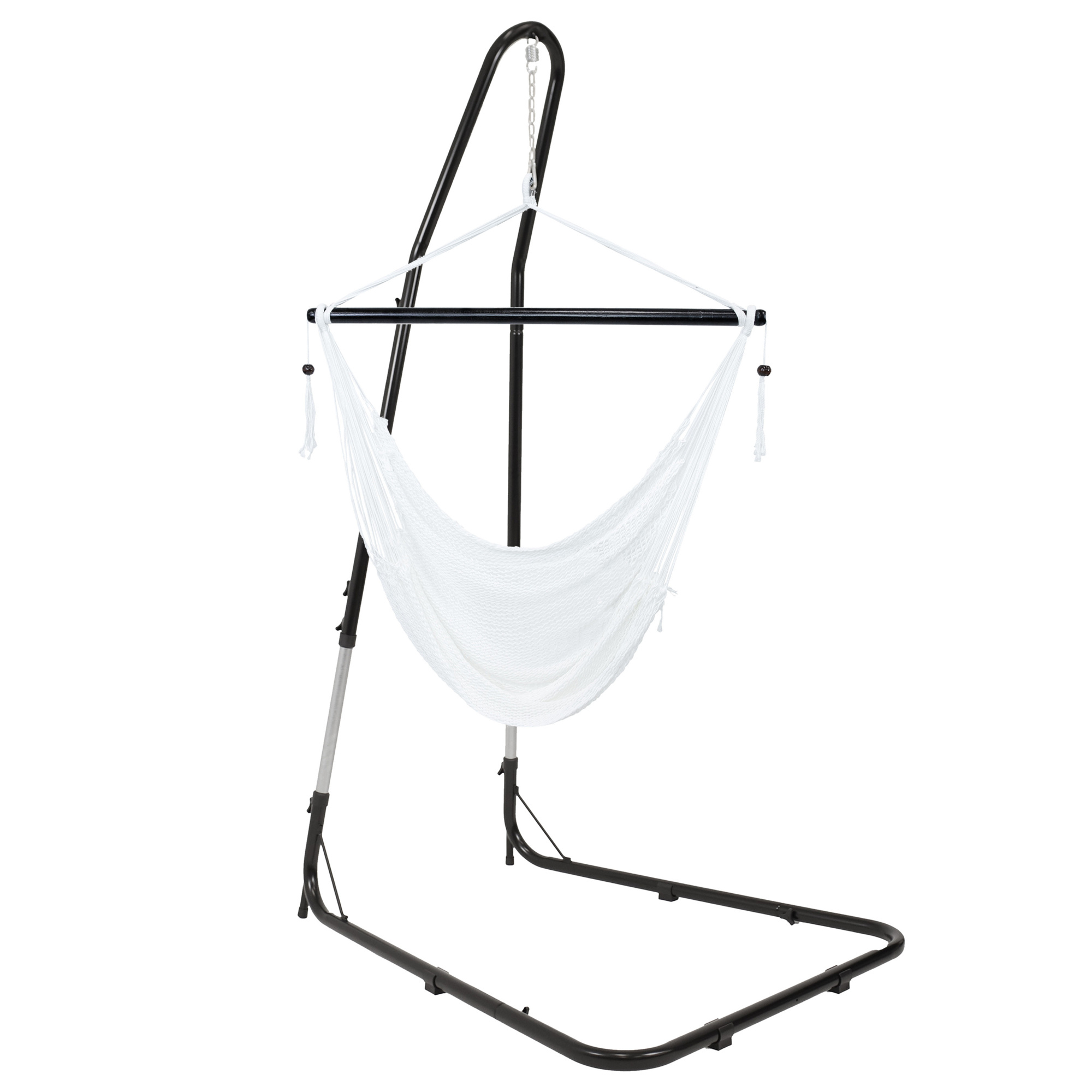 Sunnydaze Decor Caribbean Style Hanging Rope Hammock Chair Swing with Stand — 47in. W x 36in. D x 48in. H, 300-Lb. Capacity, White, Model# CHC-NAT-CMB