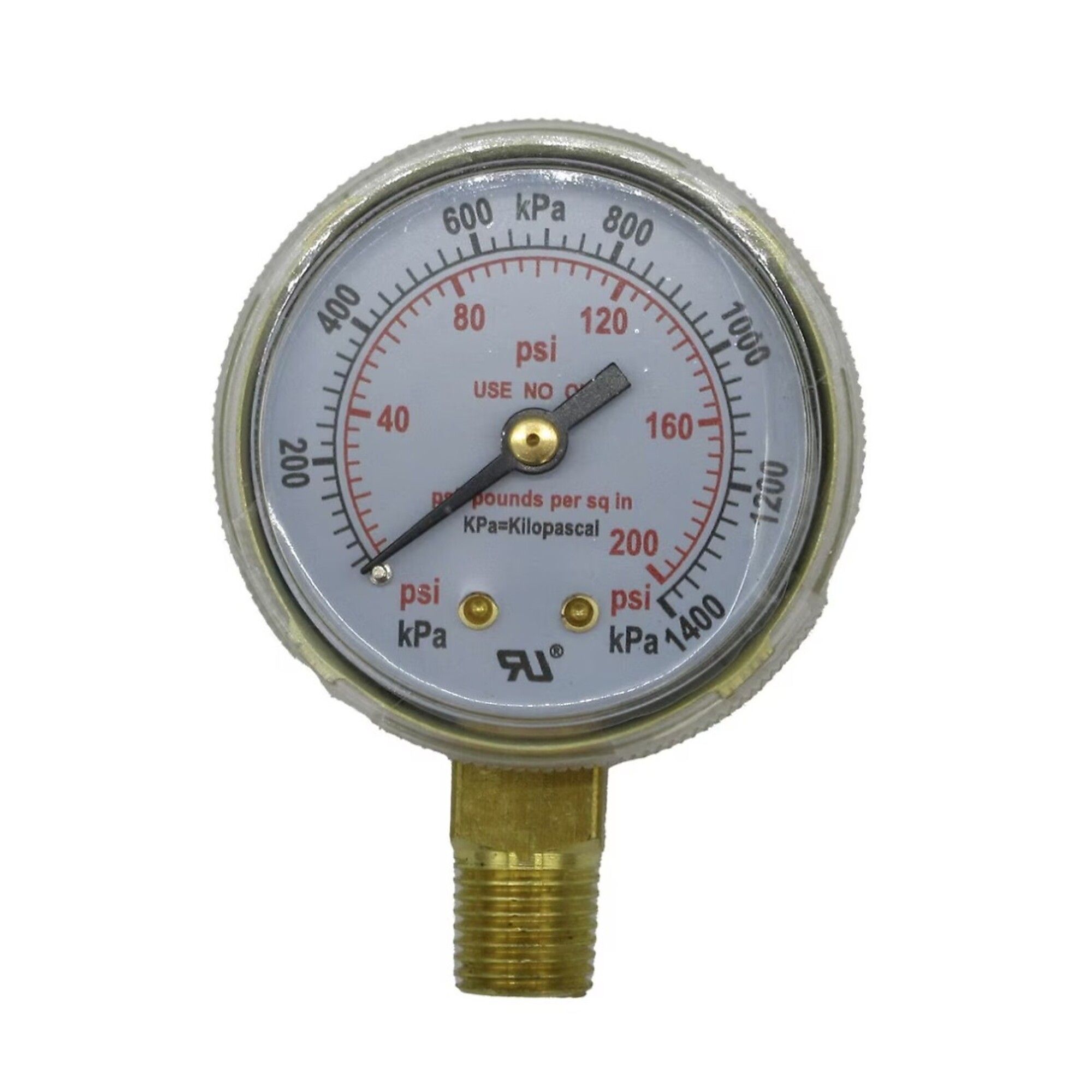 XTRweld Pressure Gauge — 2in., Brass, 200 PSI/kPa, UL Listed, Polycarbonate Lens, Bottom Mount, Model# XTRPG20200
