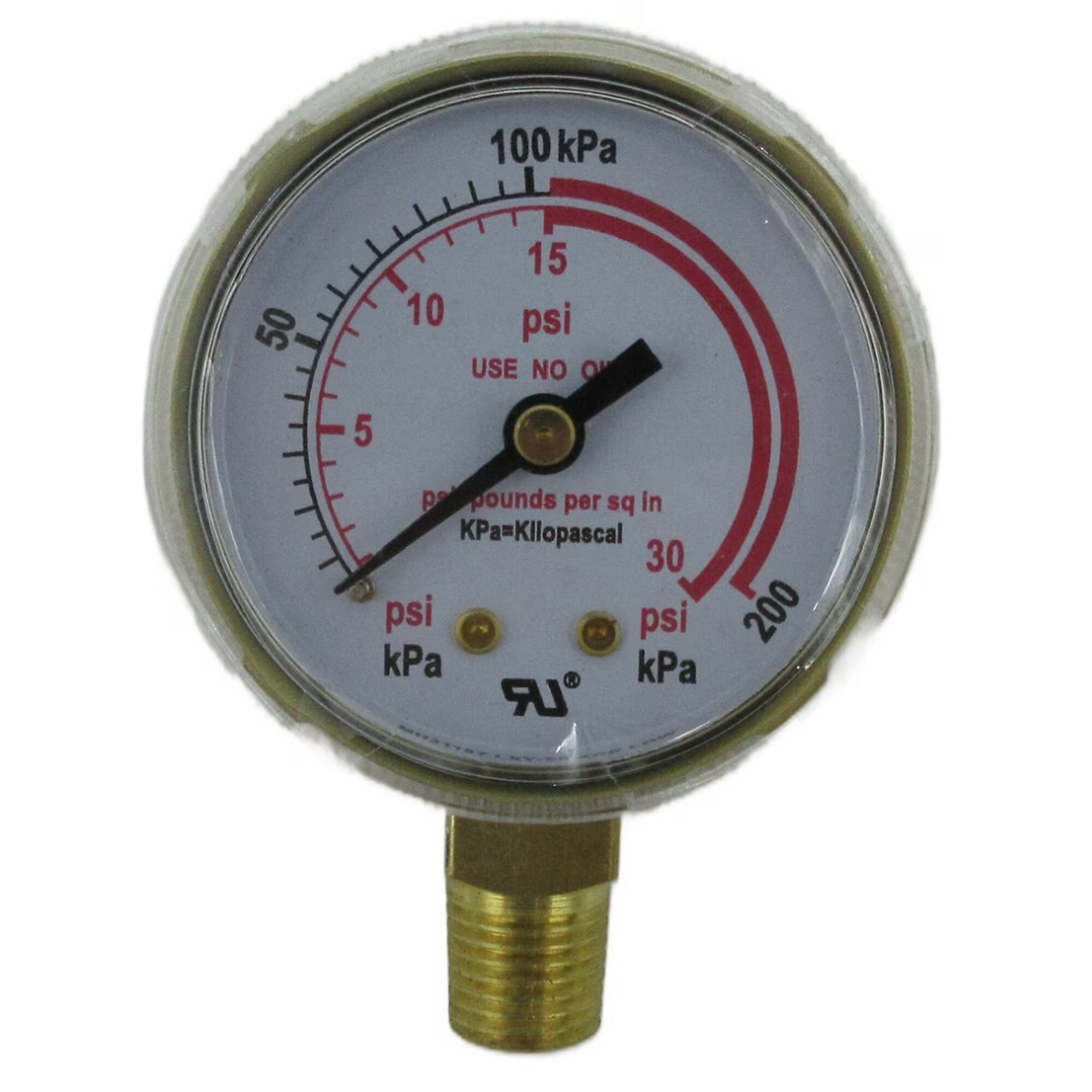XTRweld Pressure Gauge — 2in., Brass, 30 PSI/kPa, Red Line, UL, Poly Lens, Bottom Mount, Model# XTRPG2030RL