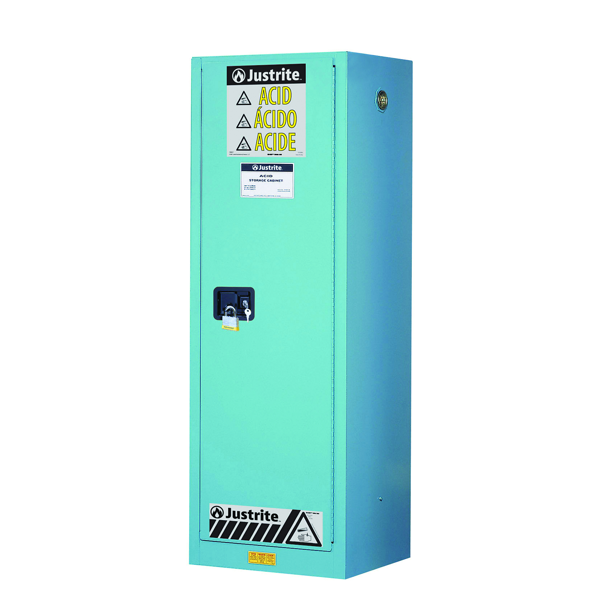 Justrite ChemCor Slimline Corrosives/Acids Safety Cabinet — 22 Gallon, 3 Shelves, 1 Self-Close Door, Blue, Model# 8922222
