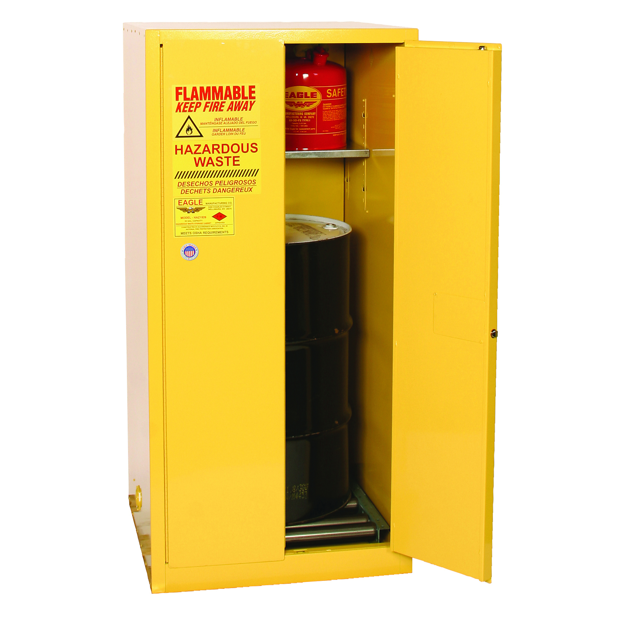Eagle Haz-Mat Drum Storage Safety Cabinet — 55-Gallon, 2-Door, 1 Shelf, Manual Close, 18-Ga. Steel, Yellow, Model# HAZ1926X