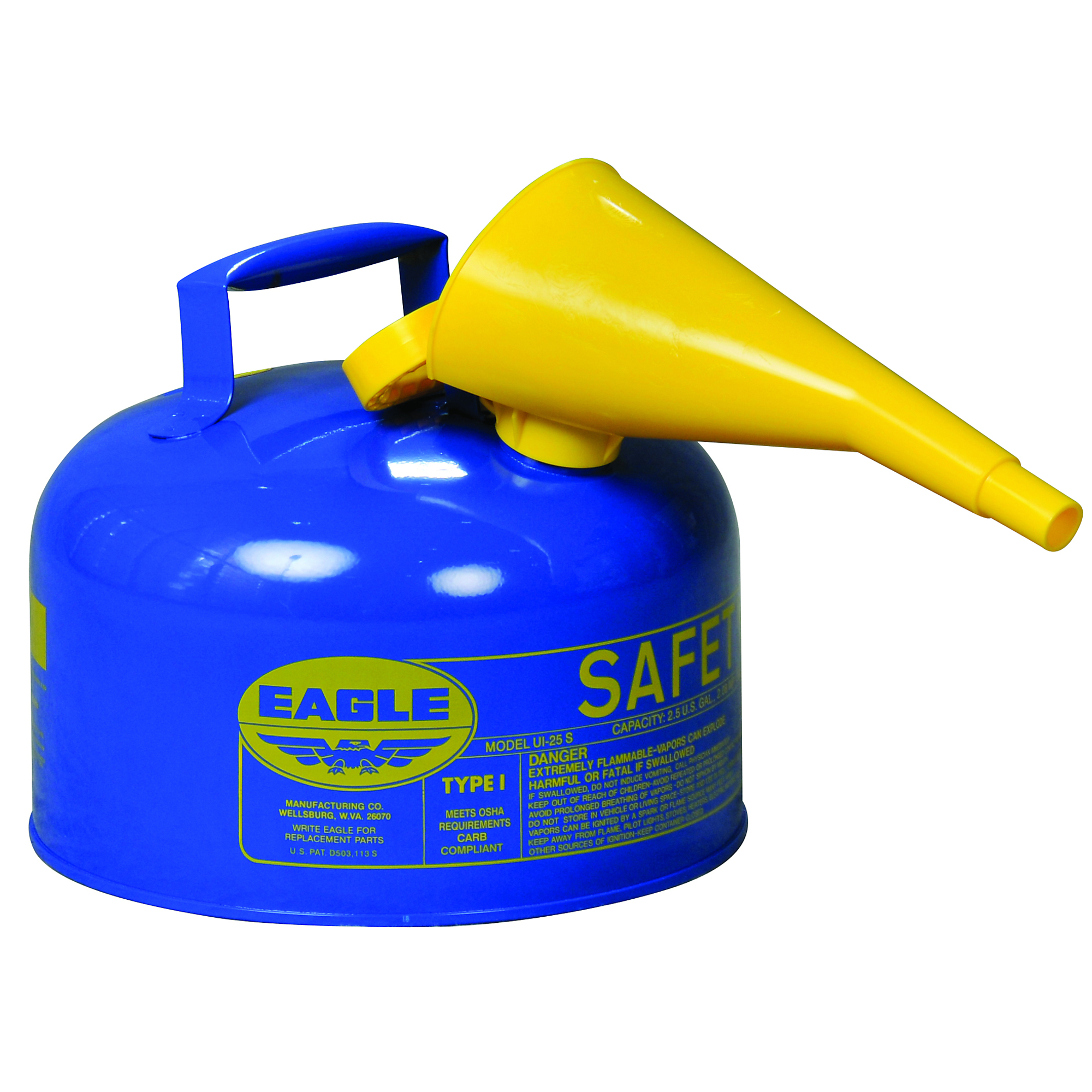 Eagle Steel Safety Can for Kerosene — 2.5 Gallons, Type I, Flame Arrester, Funnel, Blue, Model# UI25FSB