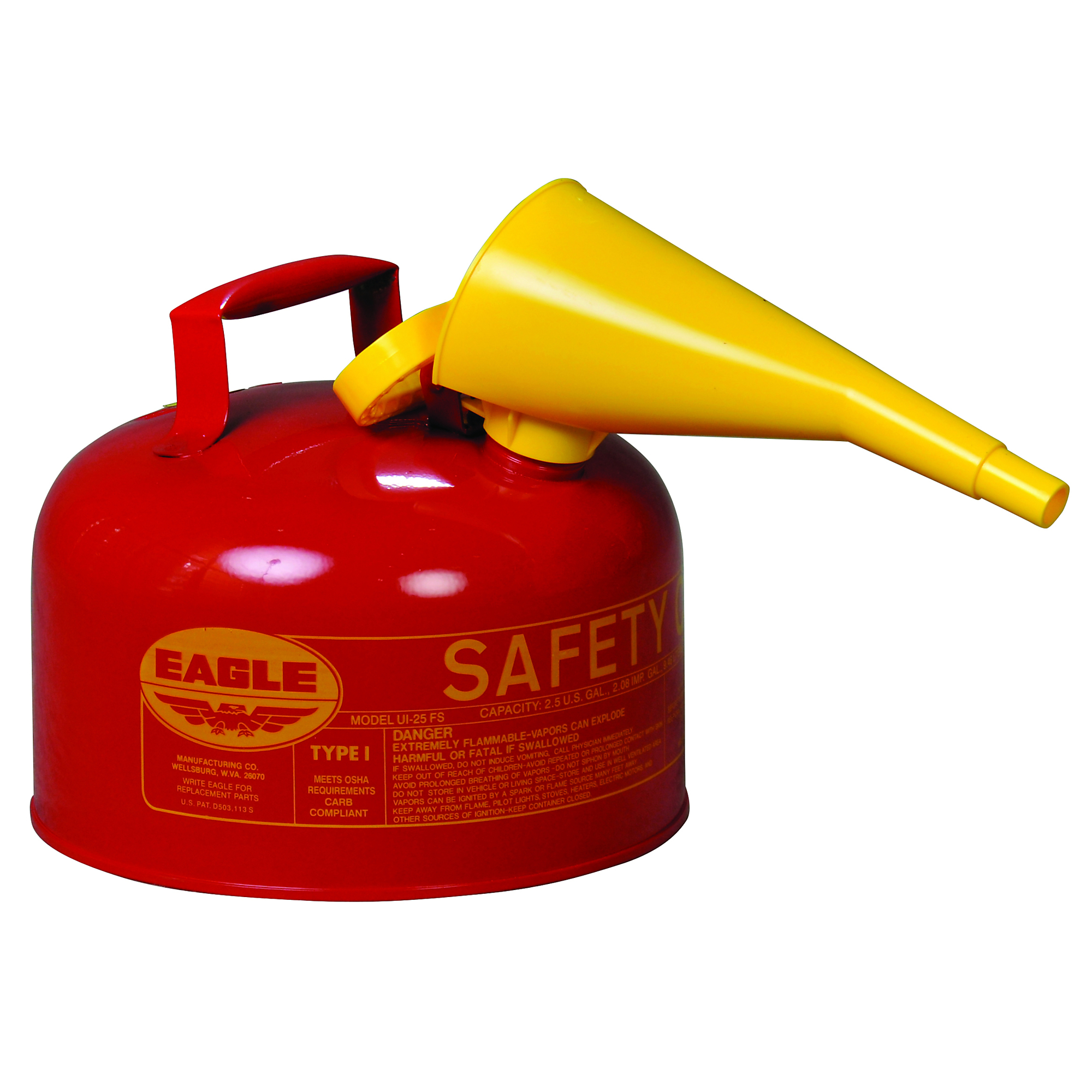 Eagle Steel Safety Can for Flammables — 2.5 Gallons, Type I, Flame Arrester, Funnel, Red, Model# UI25FS