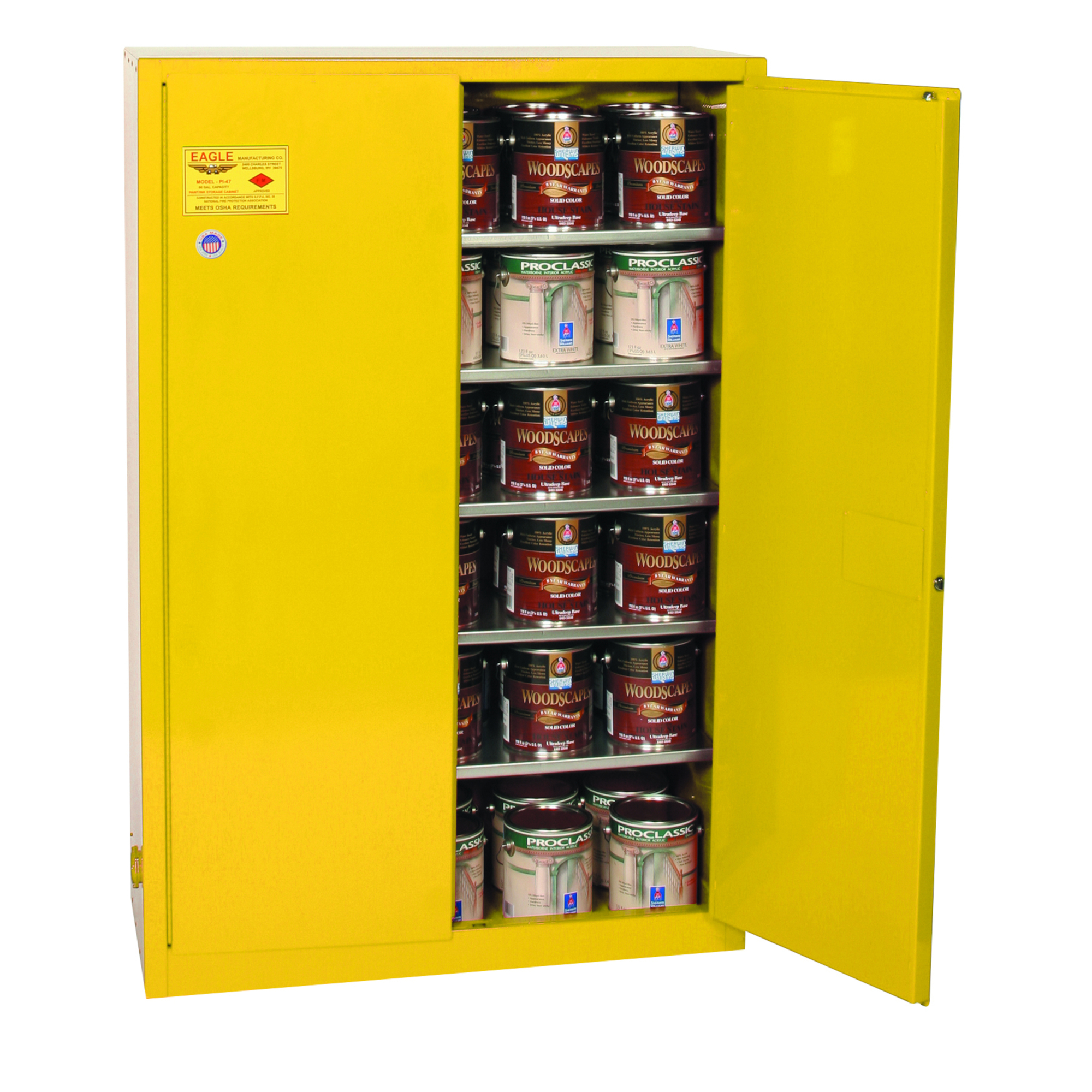 Eagle Paint Safety Cabinet — 60 Gallon, 5 Shelves, 2 Doors, Manual Close, Yellow, Model# YPI47X