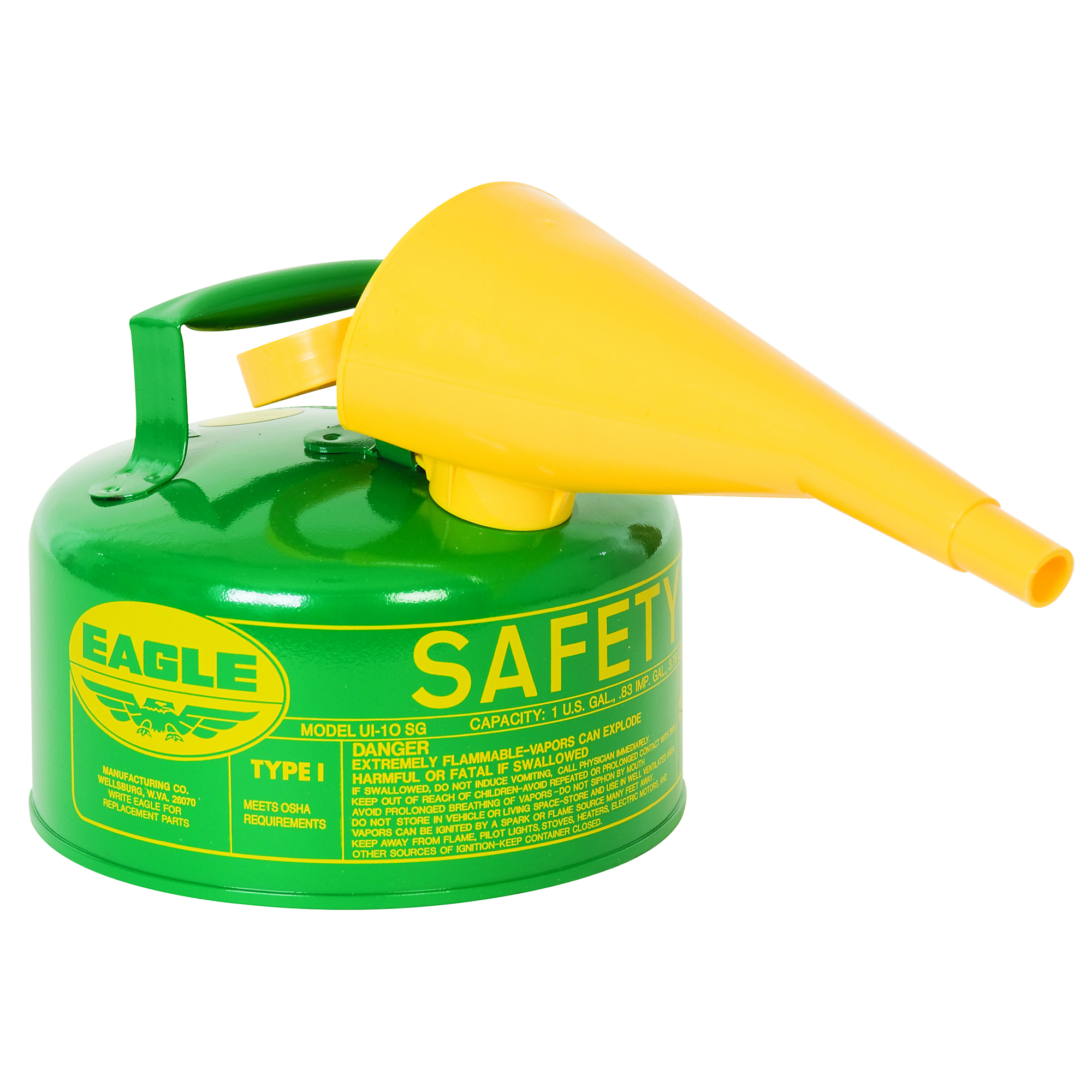 Eagle Type I Safety Can for Combustibles — 1 Gallon, Flame Arrester, Funnel, Green, Model# UI10FSG
