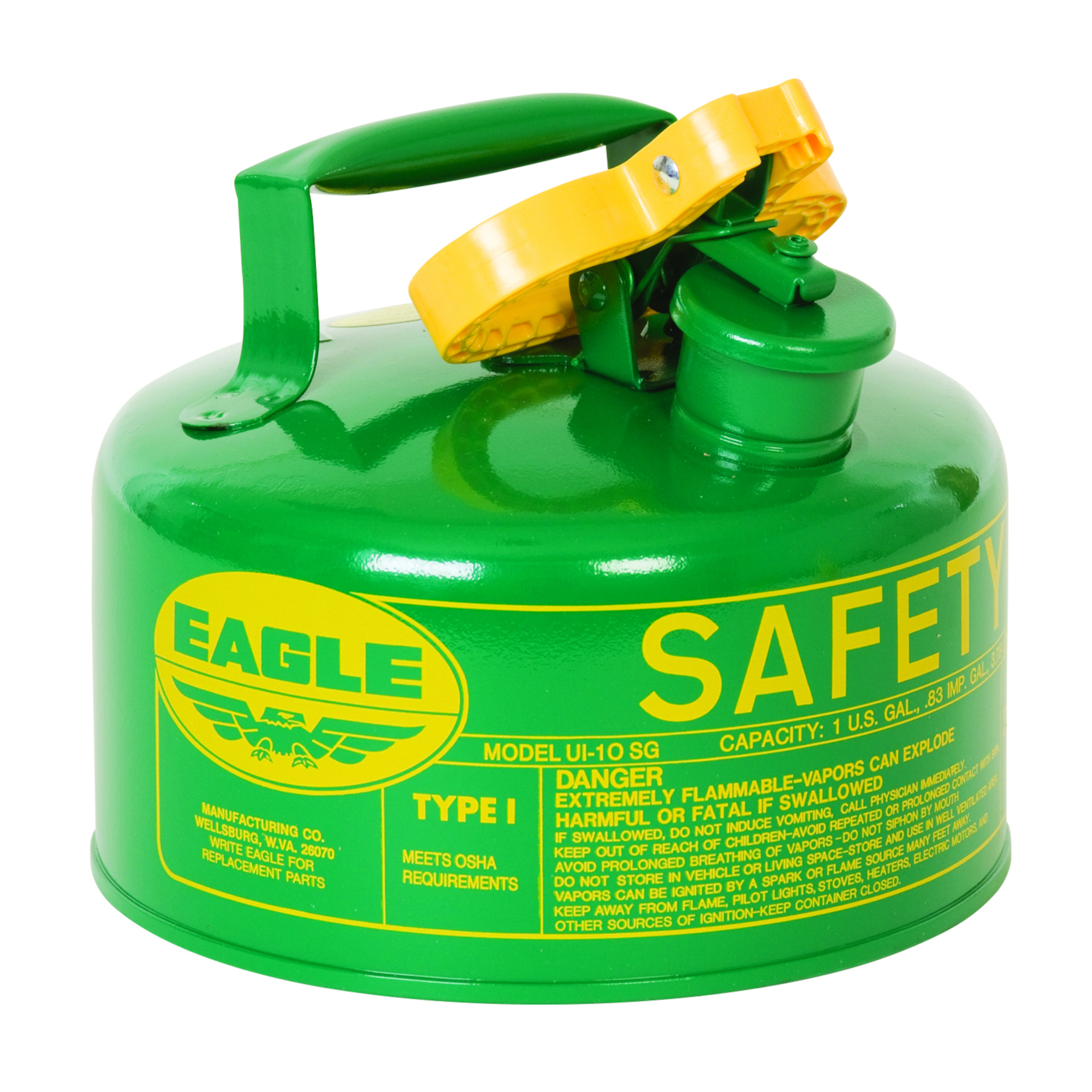 Eagle Type I Safety Can for Combustibles — 1 Gal., Flame Arrester, Green, Model# UI10SG
