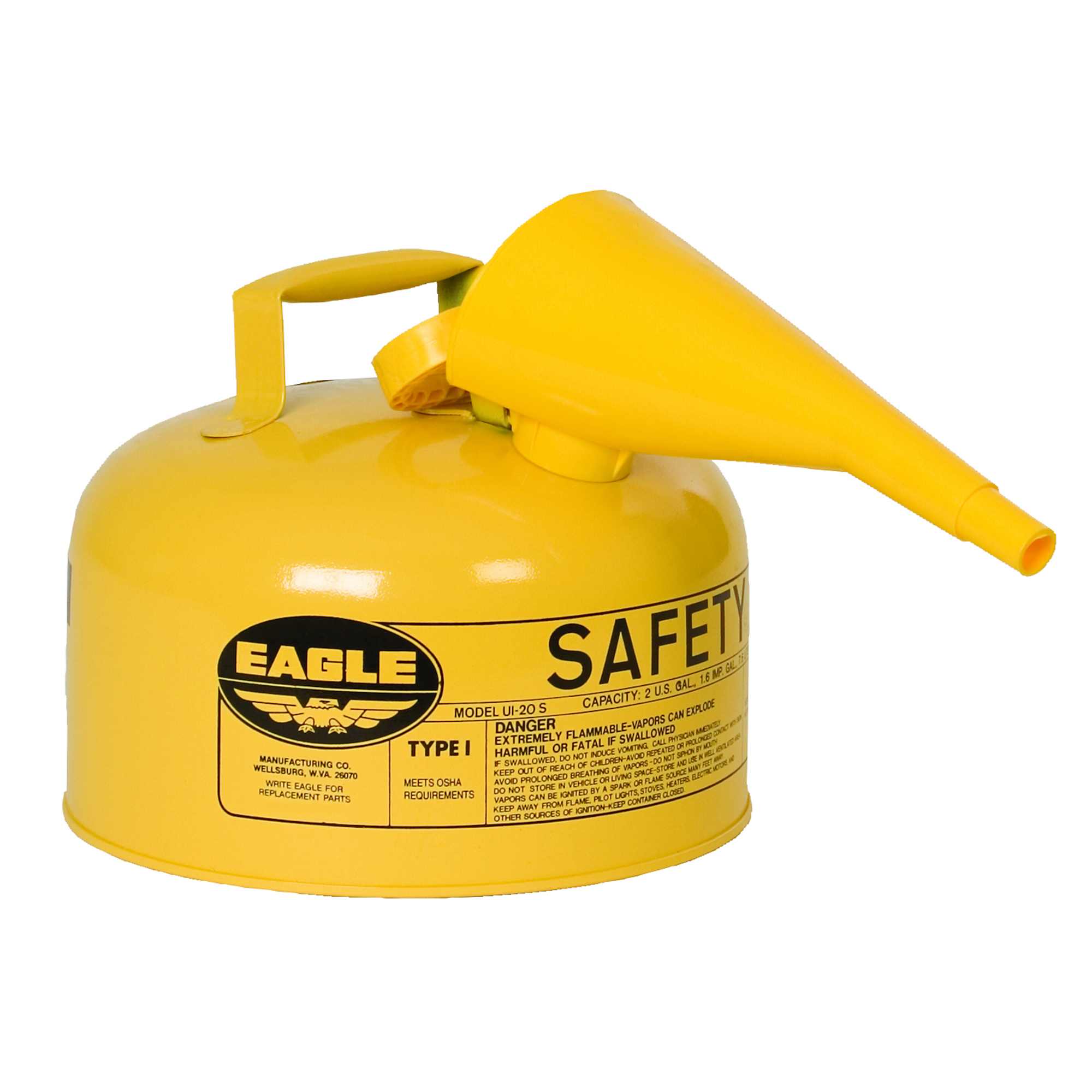 Eagle Type I Steel Safety Can for Diesel — 2 Gallons, Flame Arrester, Funnel, Yellow, Model# UI20FSY