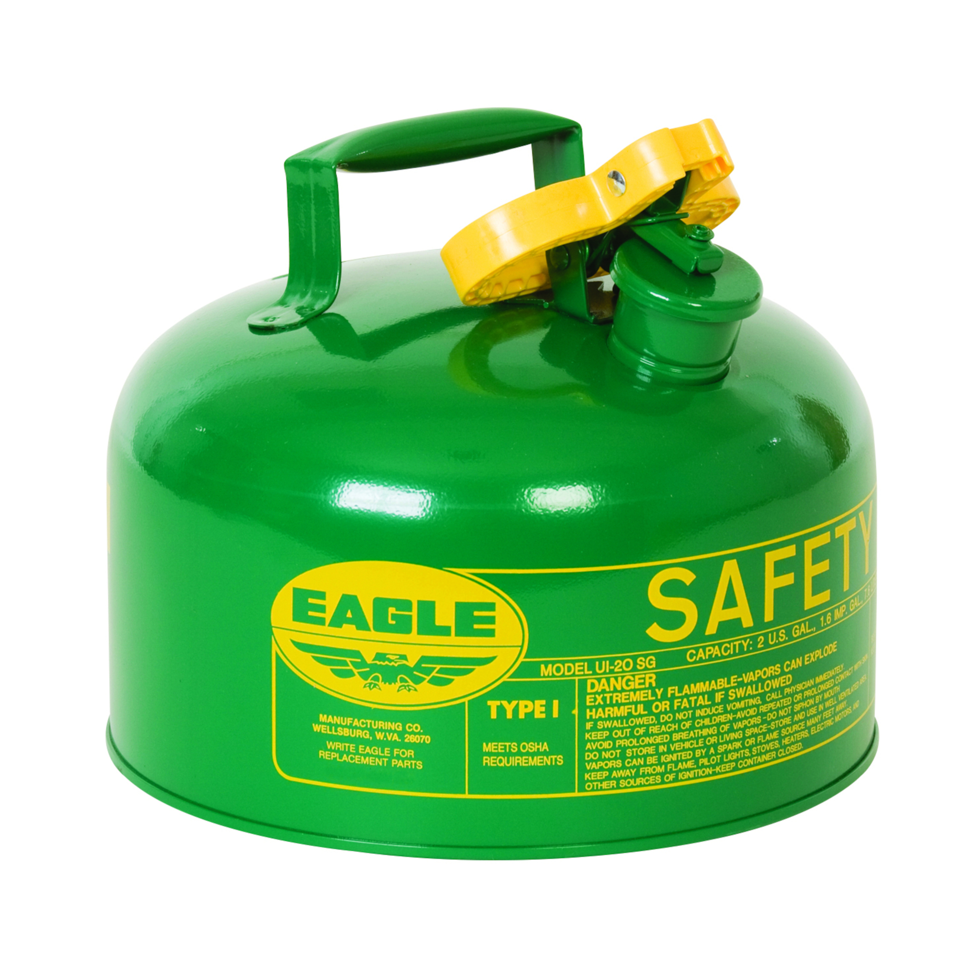Eagle Type I Safety Can for Combustibles — 2 Gallons, Flame Arrester, Green, Model# UI20SG