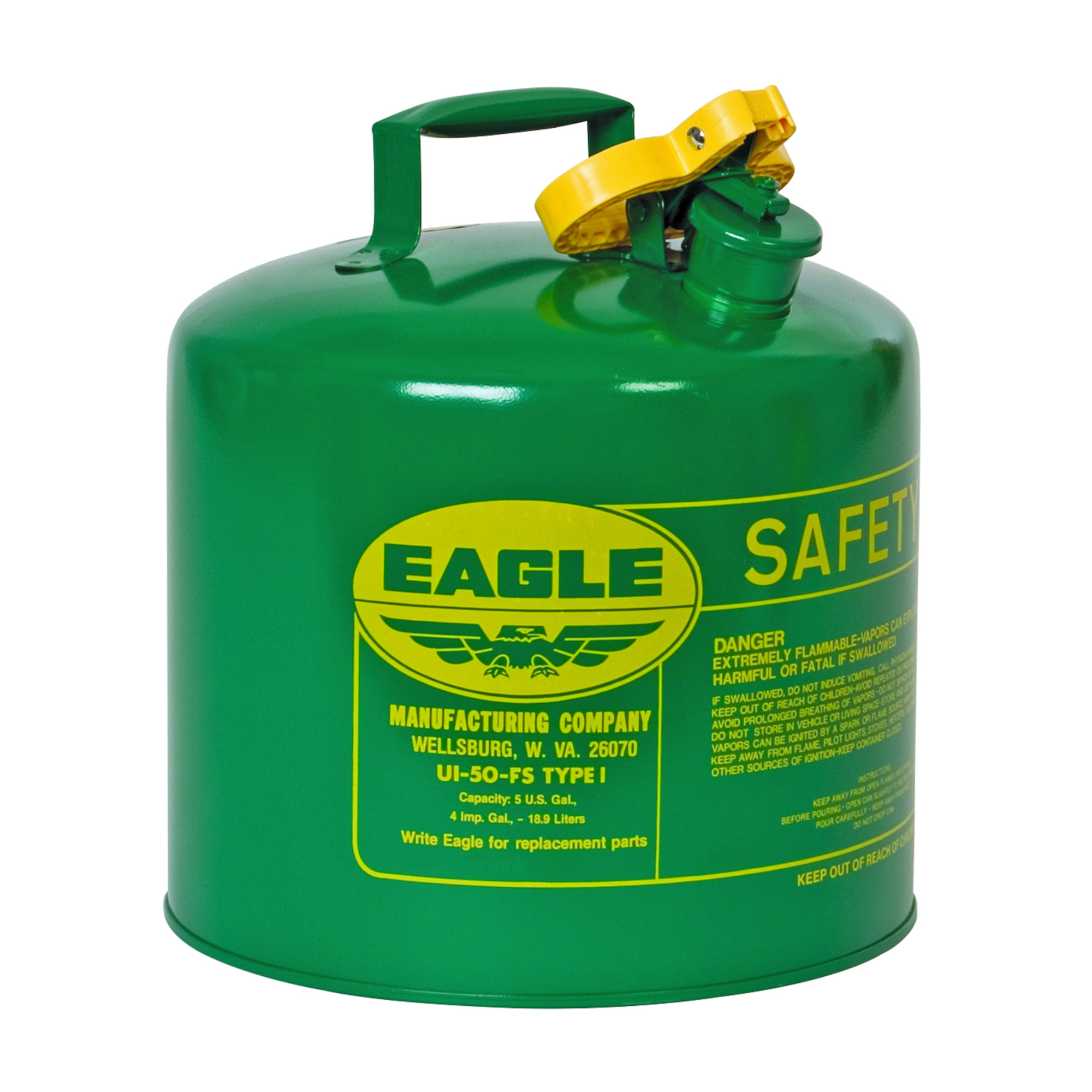 Eagle Type I Safety Can for Combustibles — 5 Gallon, Flame Arrester, Green, Model# UI50SG