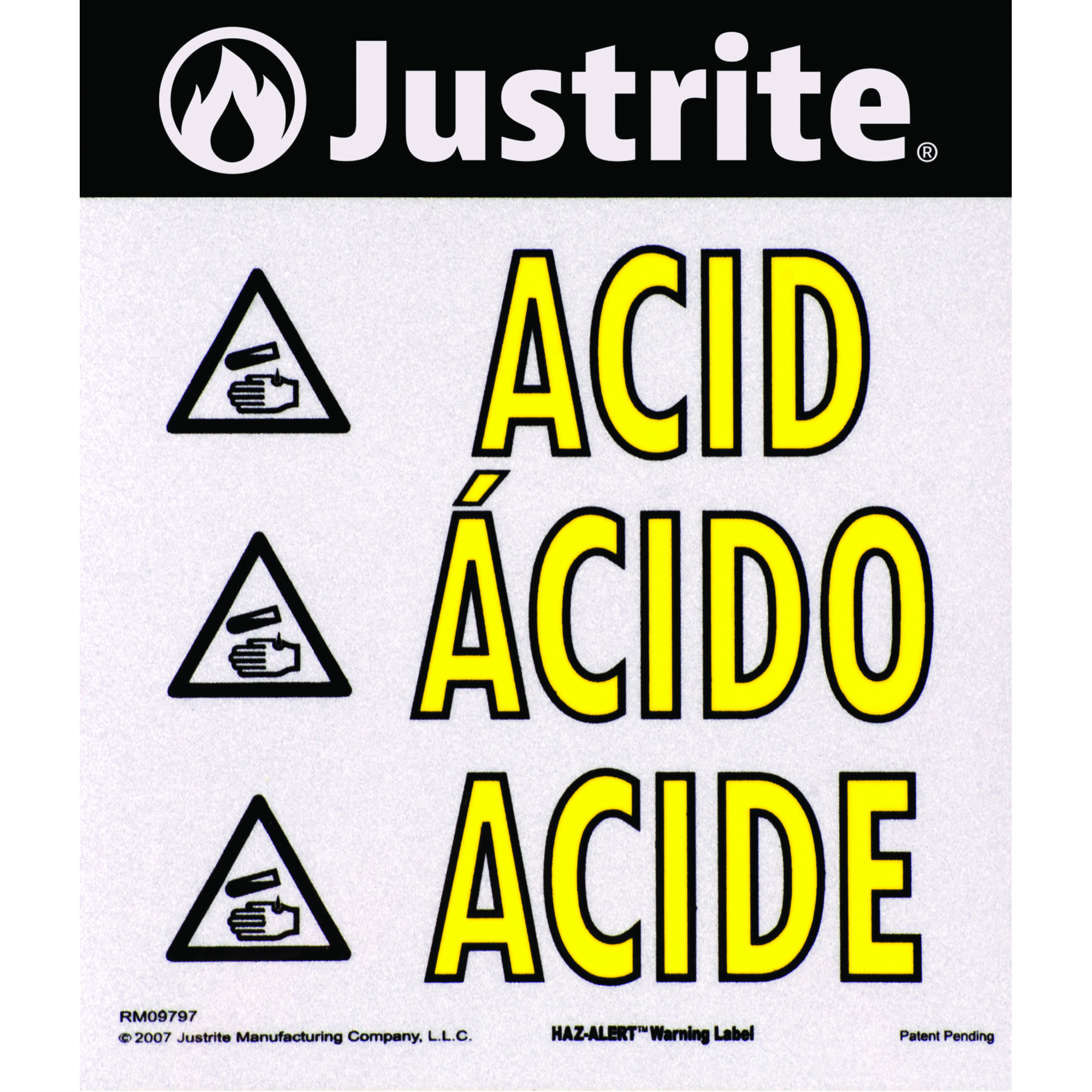 Justrite Acid Warning Label for Safety Cabinets — Large, Haz-Alert ...