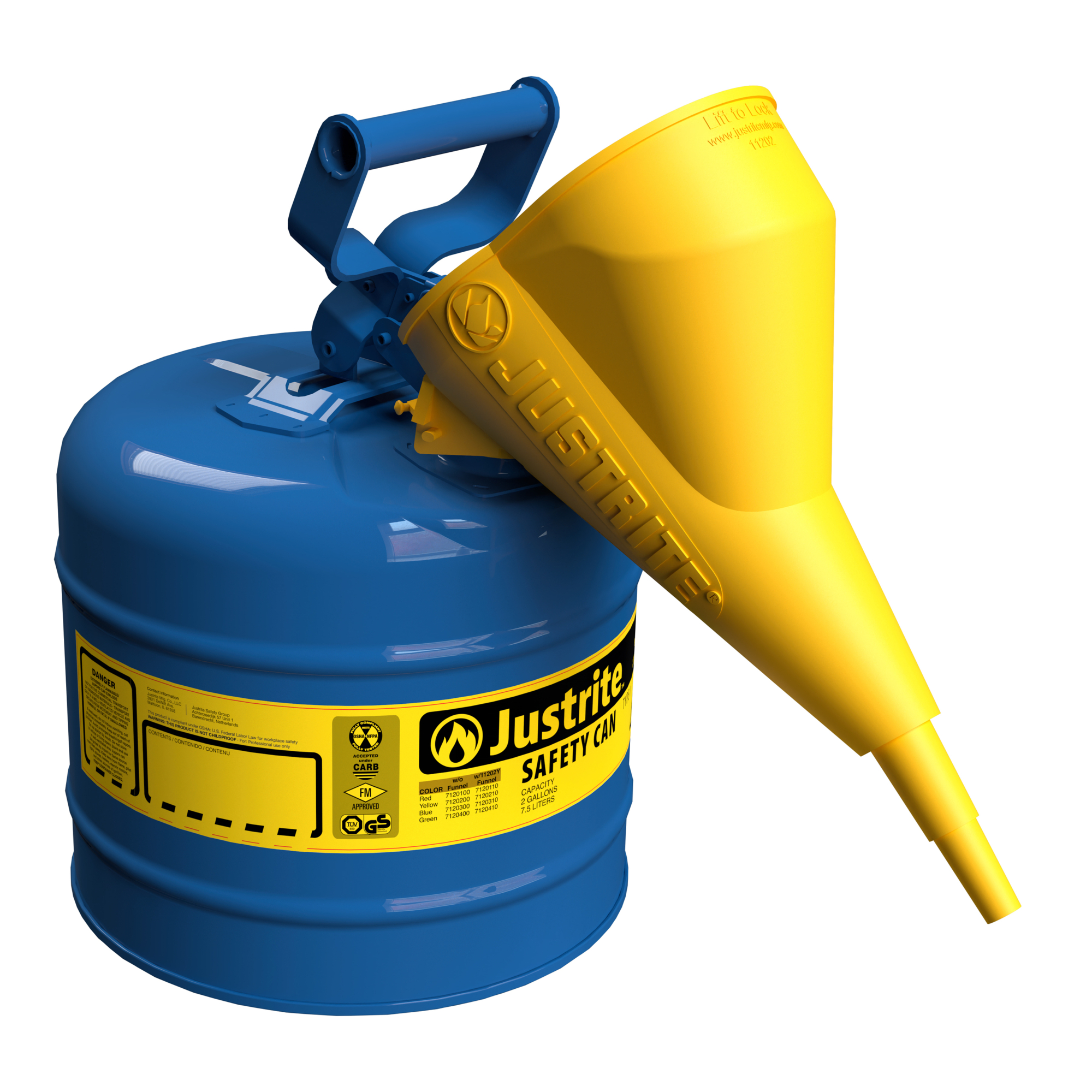 Justrite Type I Steel Safety Can for Kerosene — 2 Gallon, Blue, Funnel, Flame Arrester, Model# 7120310