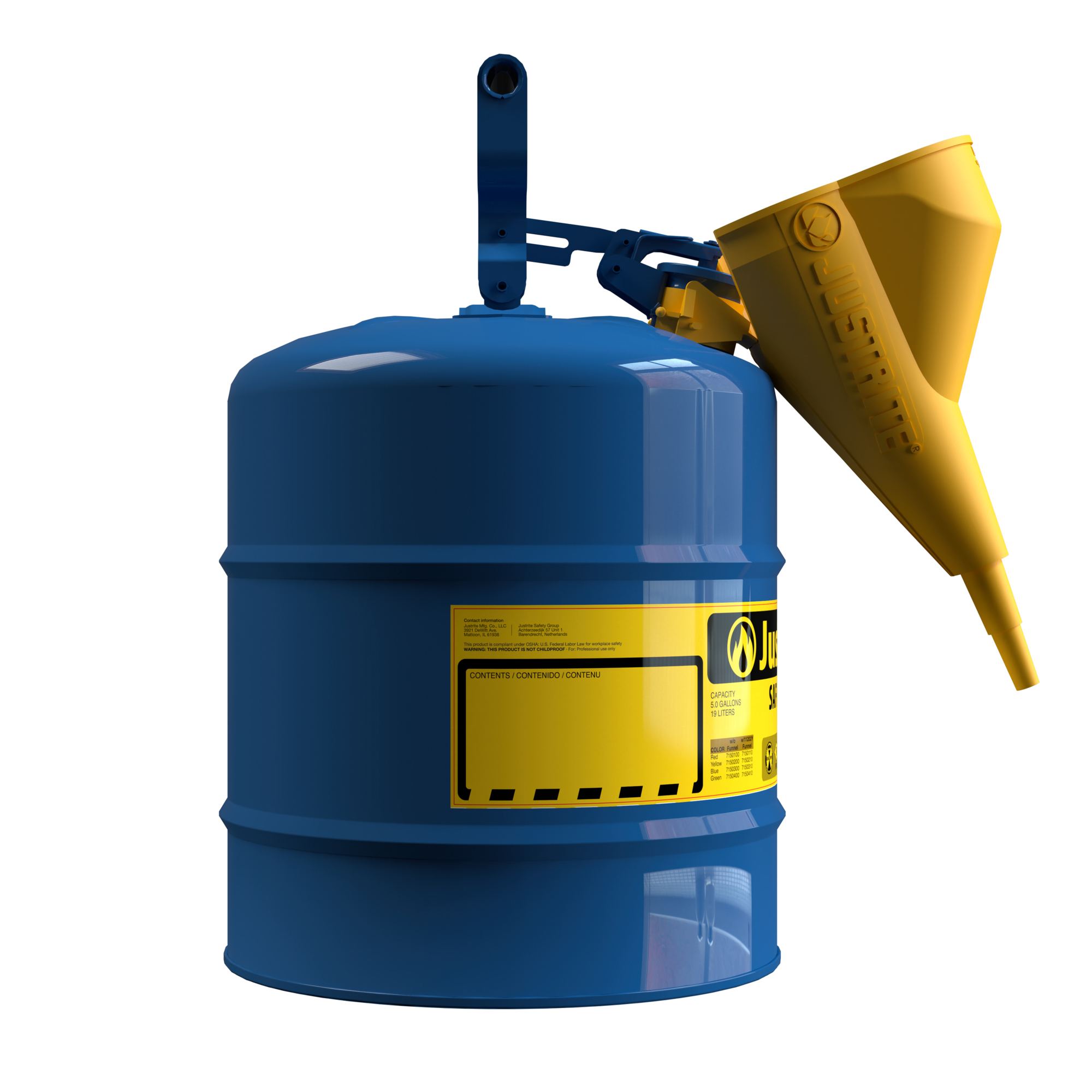 Justrite Type I Steel Safety Can for Kerosene — 5 Gallons, Flame Arrester, Funnel, Blue, Model# 7150310
