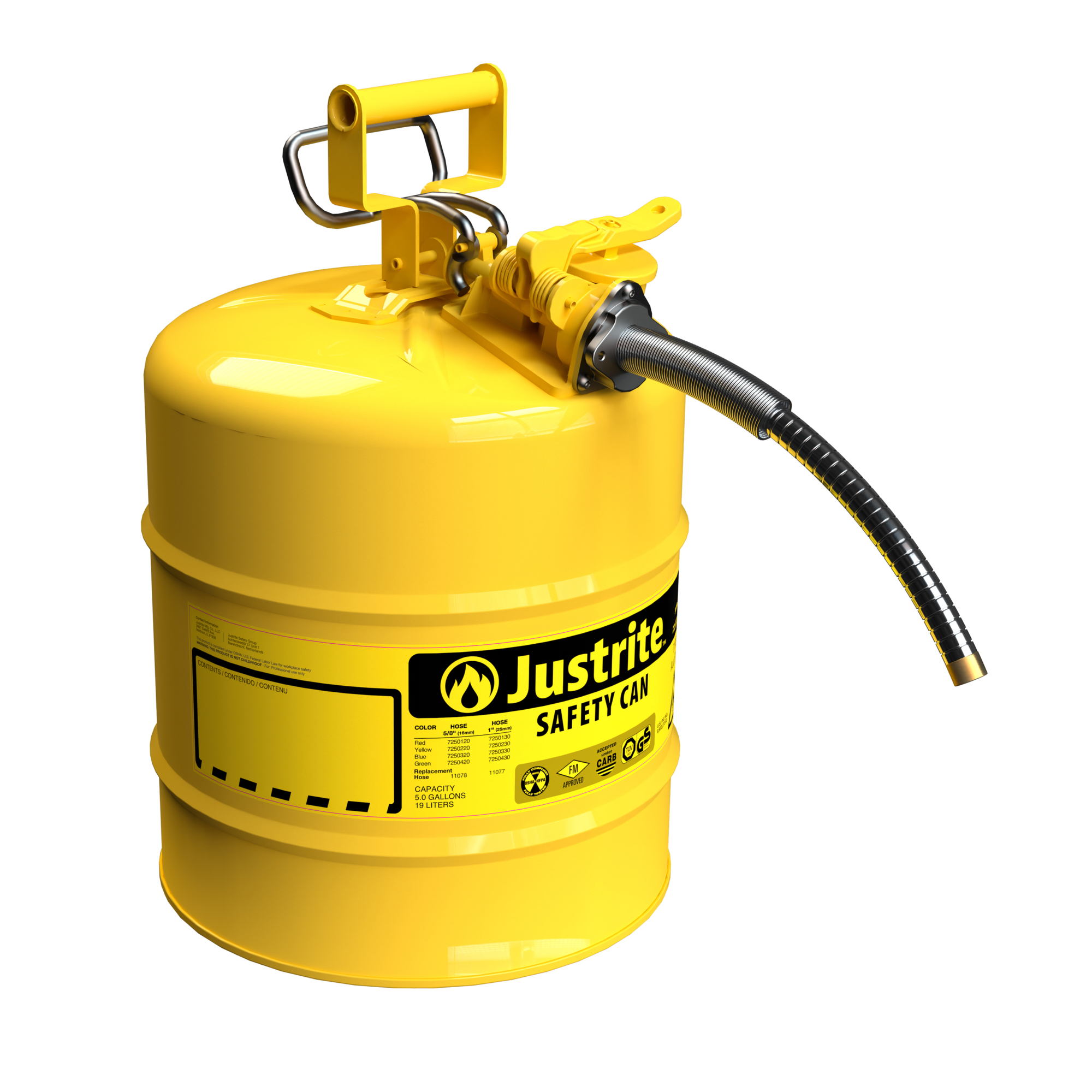 Justrite Type II Steel Safety Can for Diesel — 5 Gallons, AccuFlow, 9in. Flexible Metal Hose, Yellow, Model# 7250220