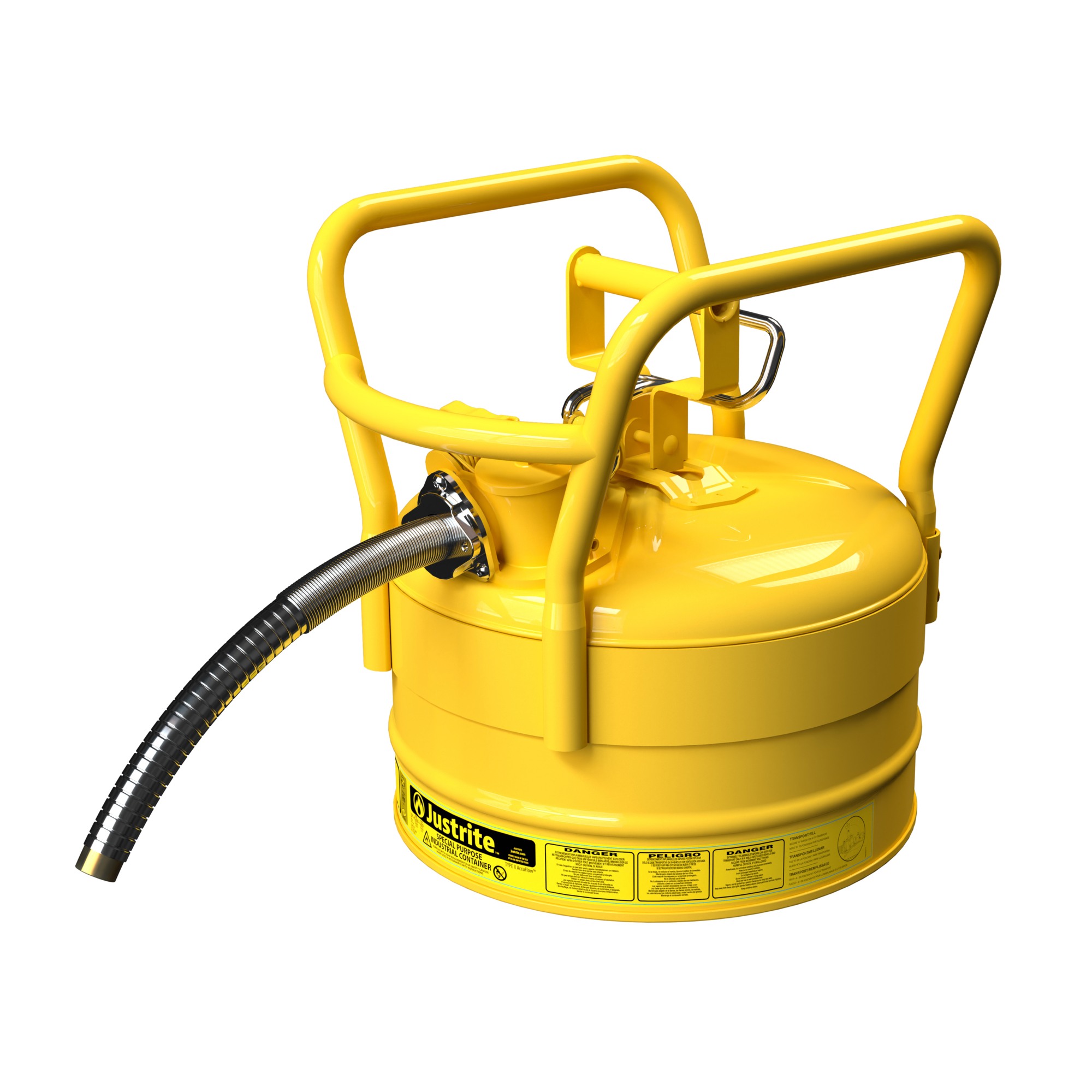 Justrite Type II AccuFlow Steel Safety Can for Diesel — 2.5 Gal., 1in. Metal Hose, Roll Bars, DOT Compliant, Yellow, Model# 7325230