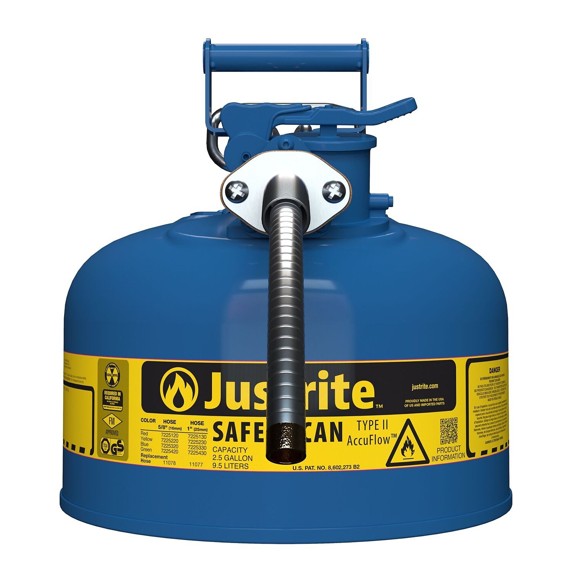 Type II AccuFlow„ Steel Safety Can for flammables, 2.5 gal., flame arrester, 5/8" metal hose, Blu.