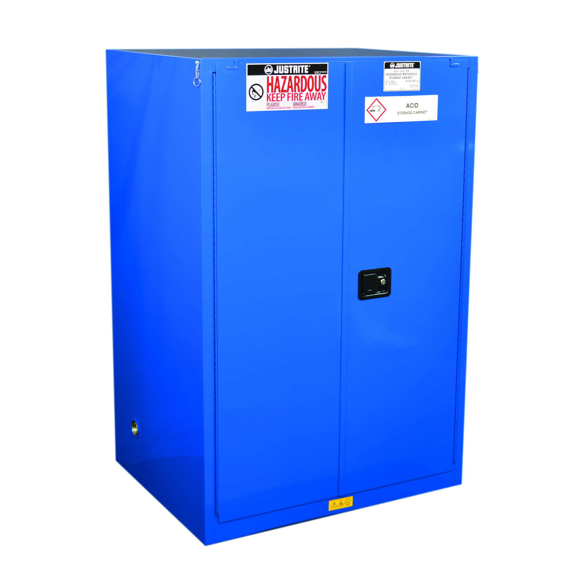 Justrite Hazardous Material Cabinet — 90 Gallon, 2 Shelves, 2 Self-Closing Doors, 18-Gauge Steel, Royal Blue, Model# 869028