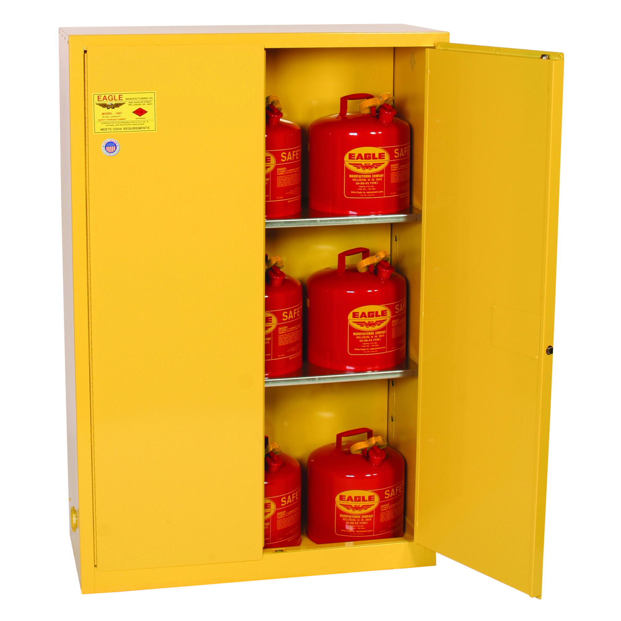Eagle Fire Cabinet — 45 Gallon, 2 Shelves, 2 Doors, Manual Close, Yellow, Model# 1947X