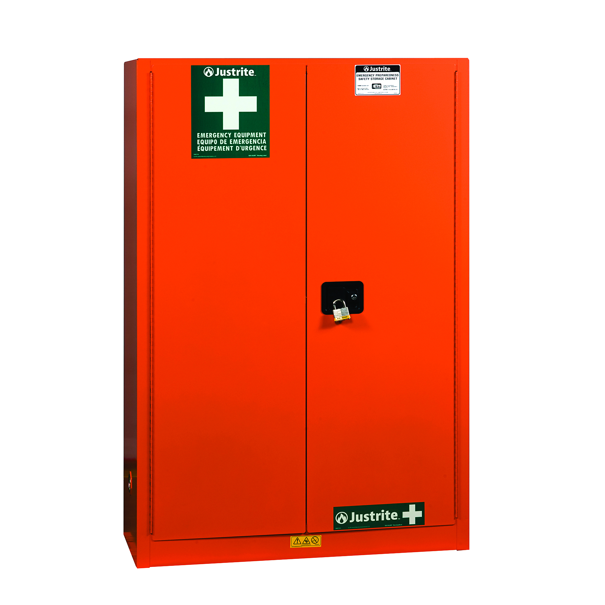 Justrite Emergency Preparedness Cabinet — 4 Shelves, 2 Doors, Manual Close, GloAlert Labels, Electrical Pass-Thru, PowerPort, Orange, Model# 860002