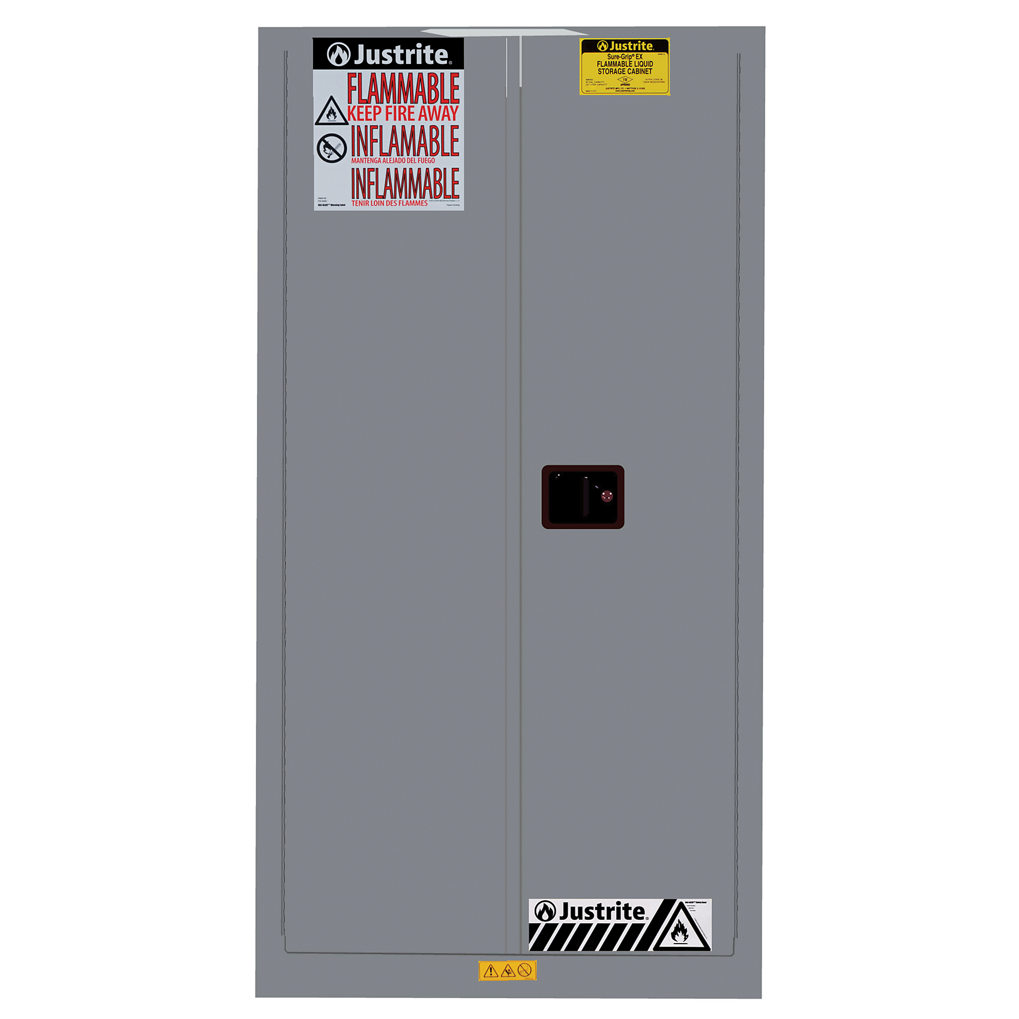 Justrite Vertical Drum Safety Cabinet — 55 Gallon, 1 Shelf, 2 Self-Close Doors, Flammable, Gray, Model# 896223