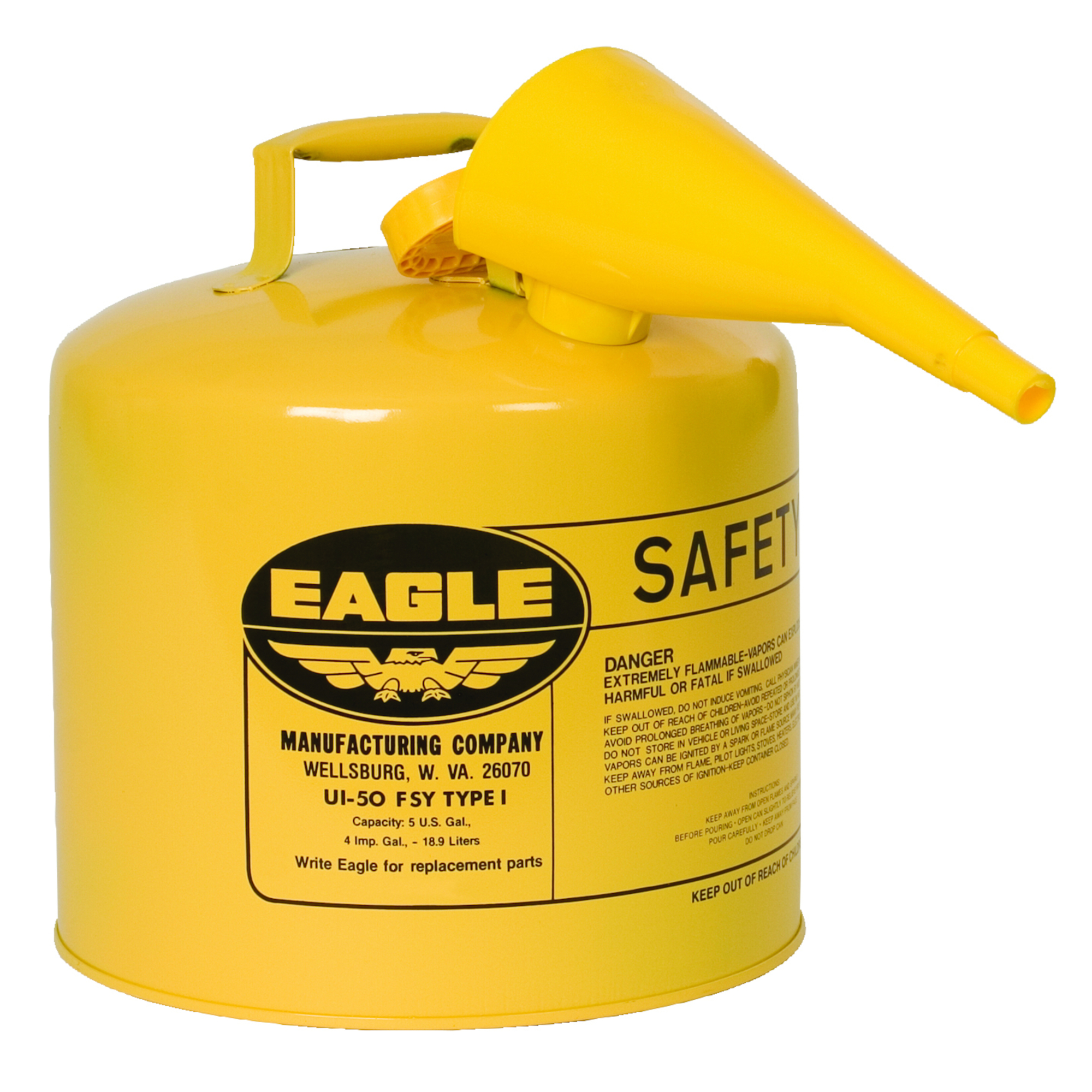 Eagle Type I Steel Safety Can for Diesel — 5 Gallon, Flame Arrester, Funnel, Yellow, Model# UI50FSY