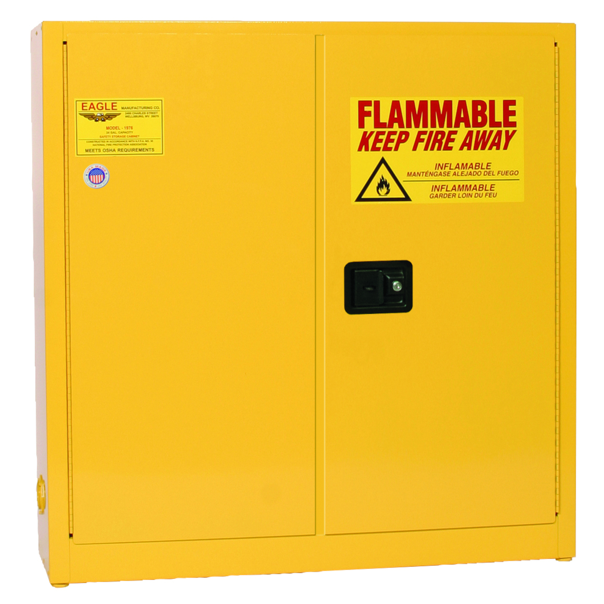 Eagle Fire Cabinet — 24 Gallon, 3 Shelves, 2 Doors, Manual Close, Wall Mount, Yellow, Model# 1976X
