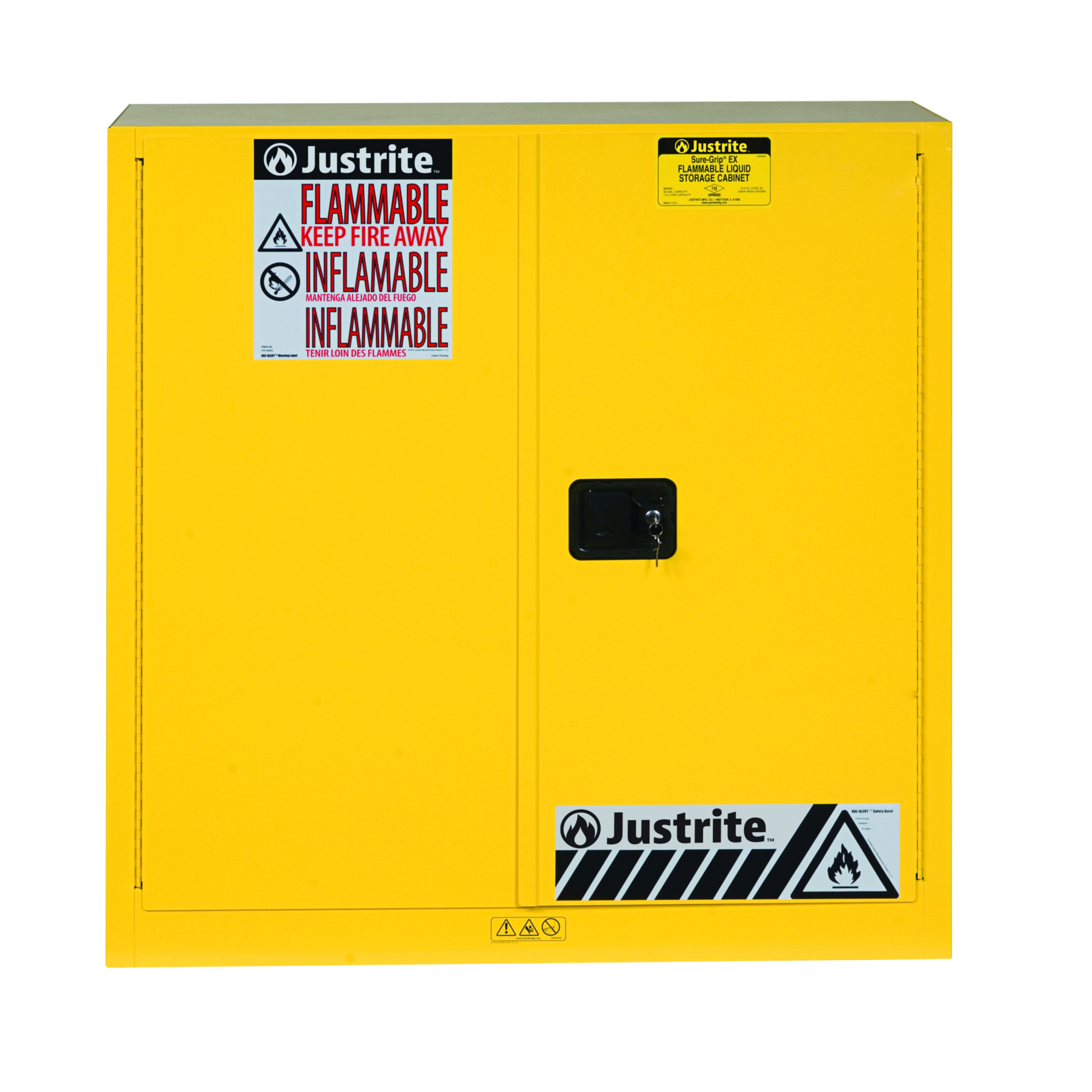 Justrite Paint Safety Cabinet — 40 Gallon, 3 Shelves, 2 Self-Closing Doors, Sure-Grip EX, Yellow, Model# 893030