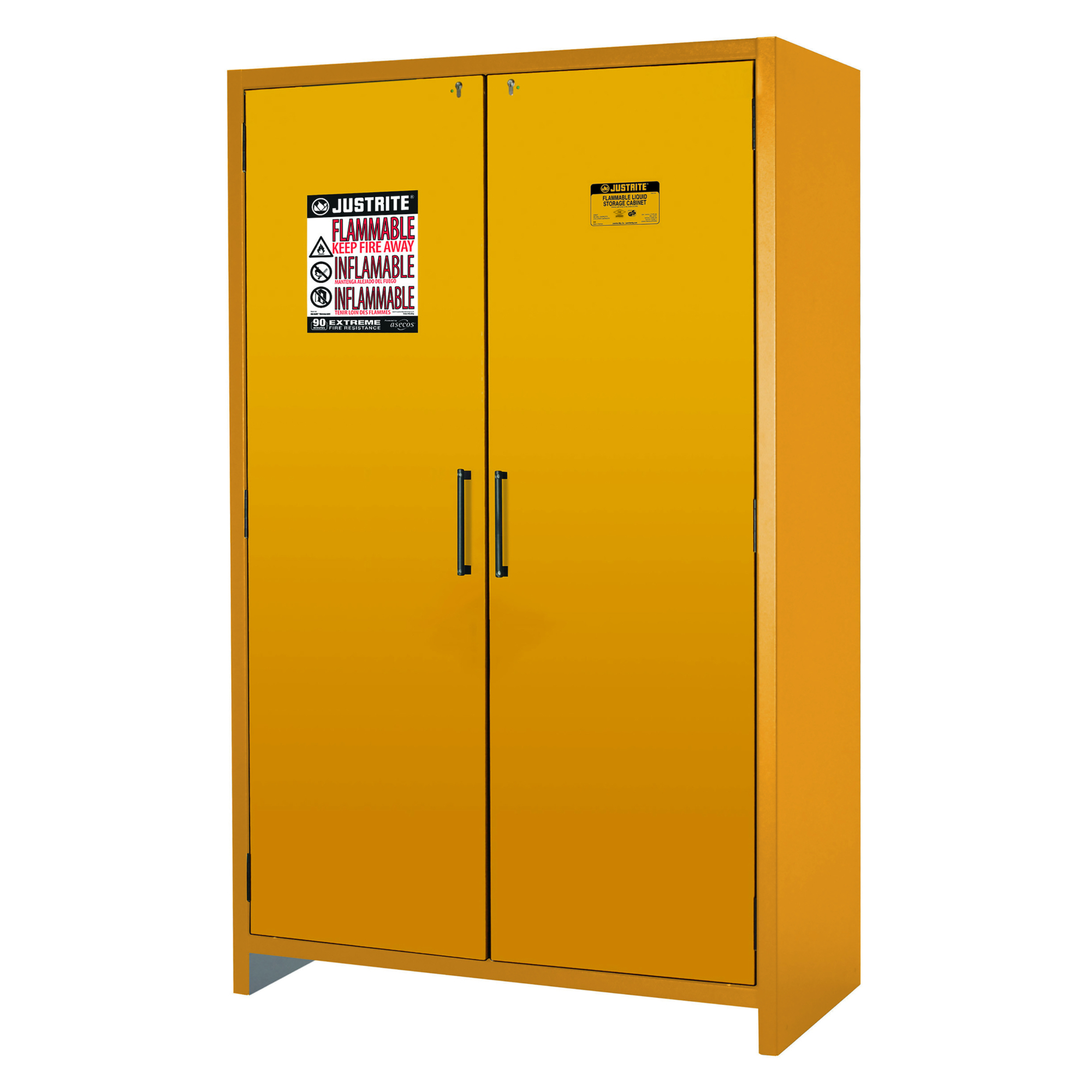 Justrite Flammable Safety Cabinet — 45 Gallon, 3 Shelves, 2 Hybrid-Close Doors, 90-Minute EN, Yellow, Model# 22607