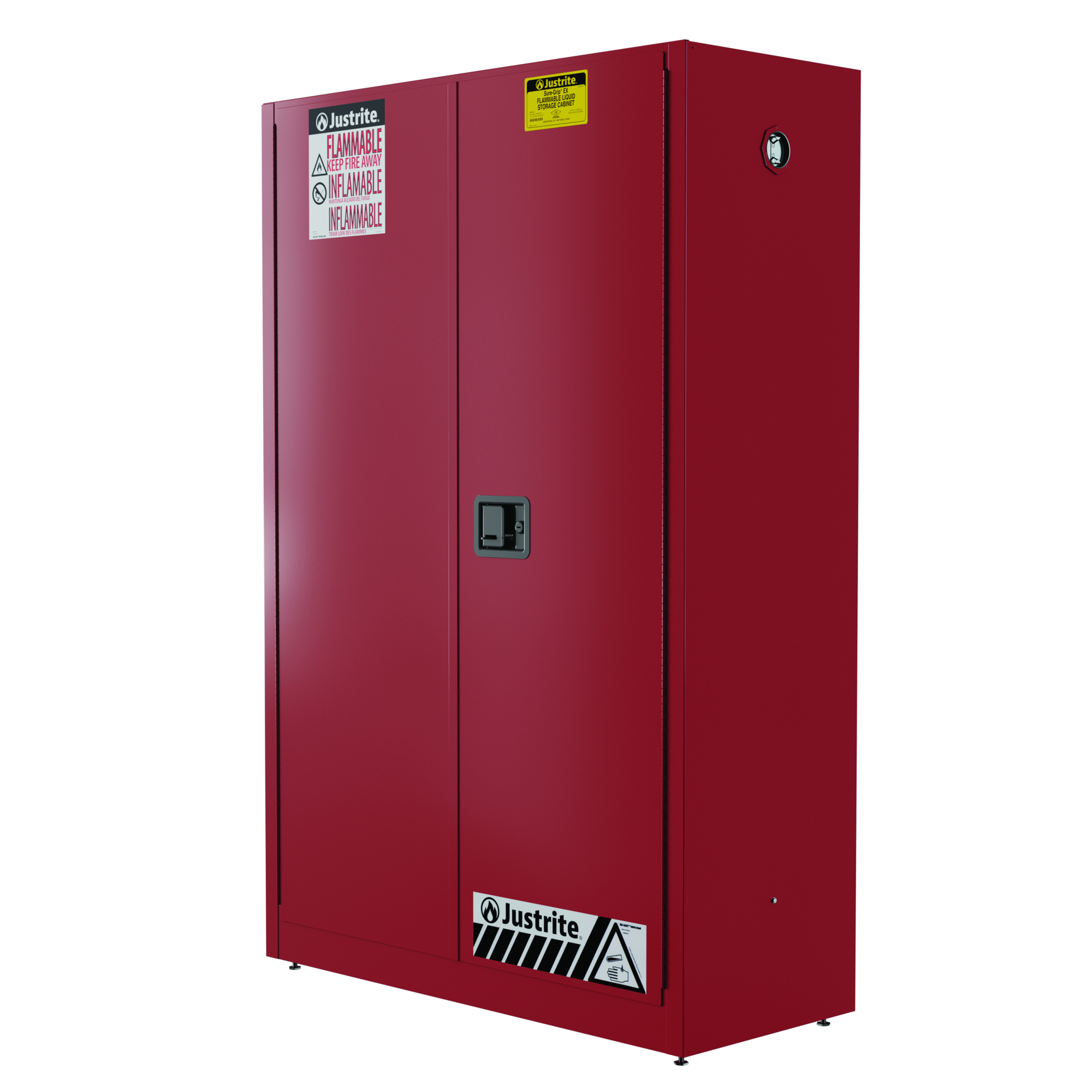 Justrite Flammable Cabinet — 45 Gallon, 2 Shelves, 2 Doors, Manual Close, Sure-Grip EX, Red, Model# 894501