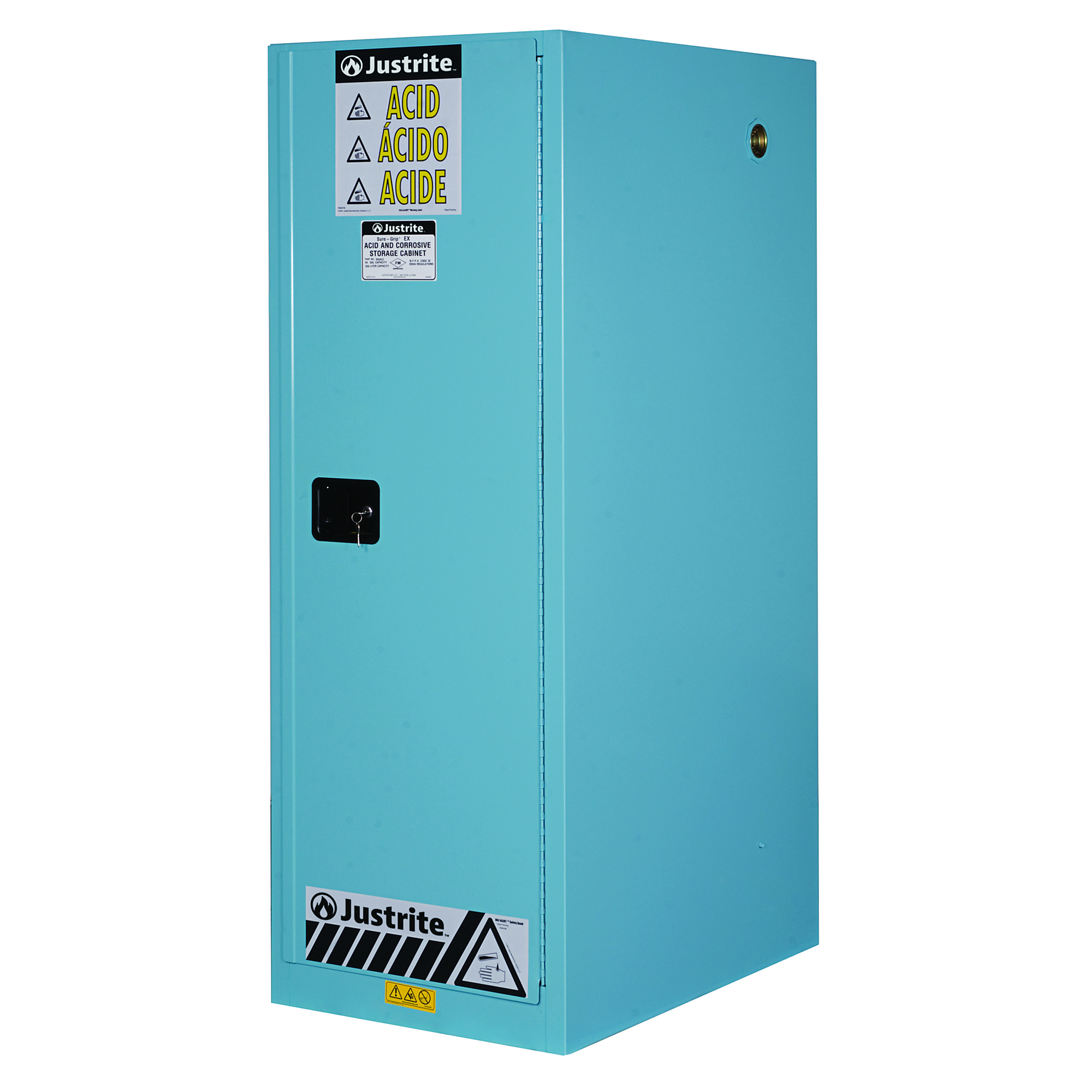 Justrite Steel Safety Cabinet — 54 Gallon, 3 Shelves, 1 Self-Closing Door, Corrosives/Acid, Blue, Model# 895422