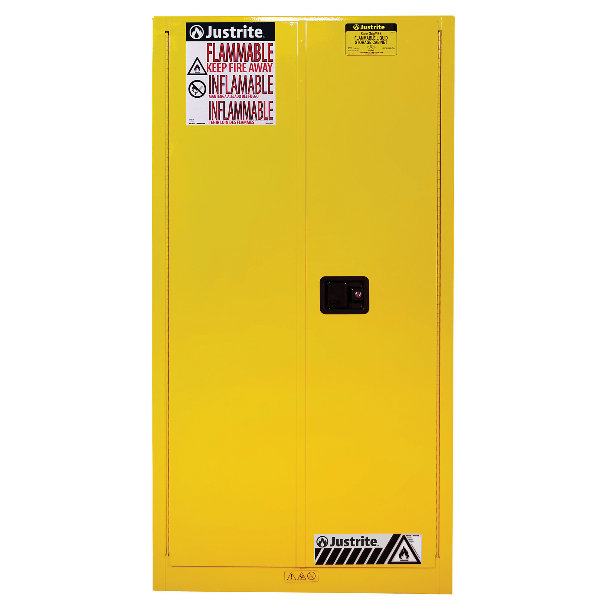 Justrite Flammable Cabinet — 60 Gallon, 2 Shelves, 2 Self-Closing Doors, Sure-Grip EX, Yellow, Model# 896020