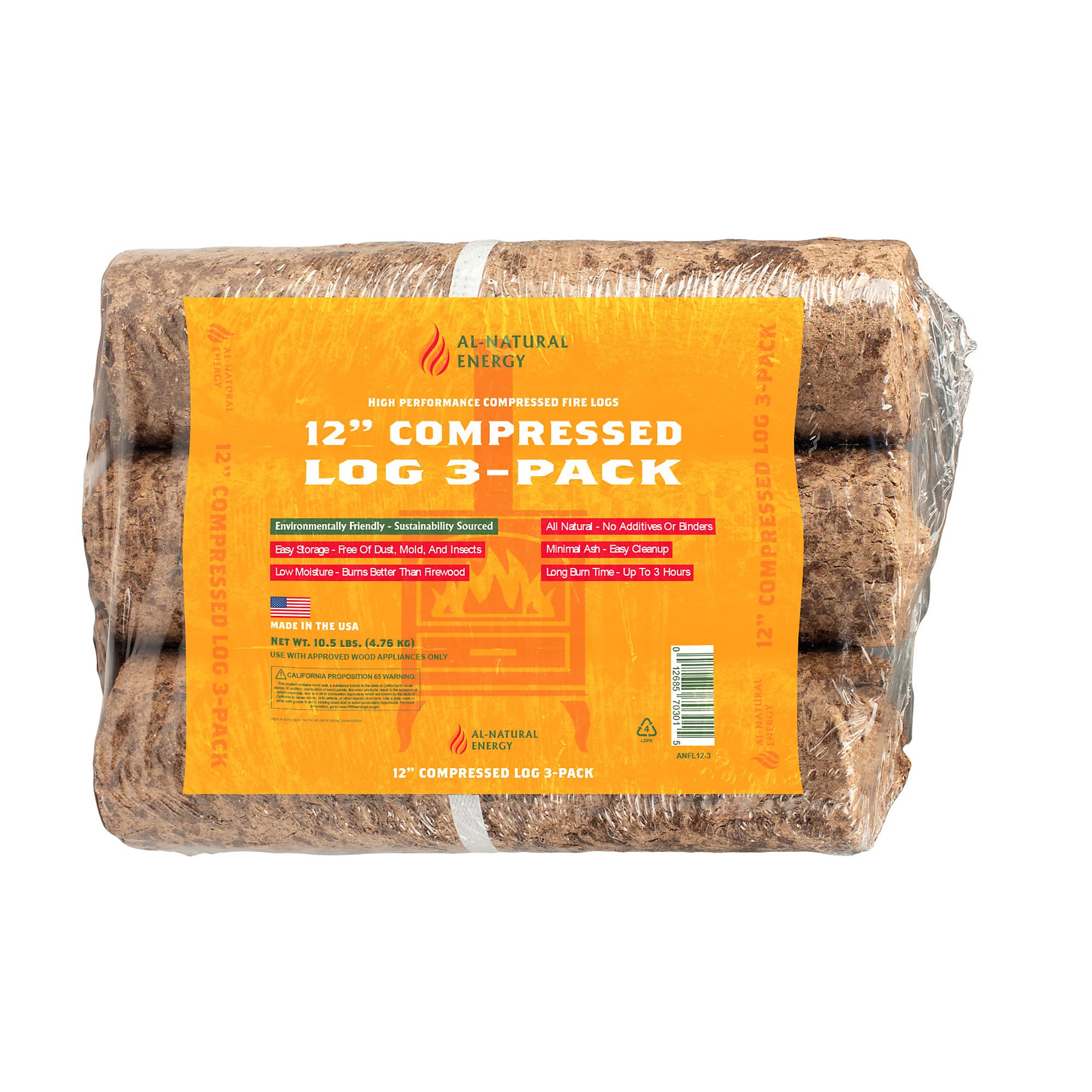 Al-Natural Compressed Fire Logs — Long-Lasting, Clean Burn, 3 Pcs, Model# ANFL12-3