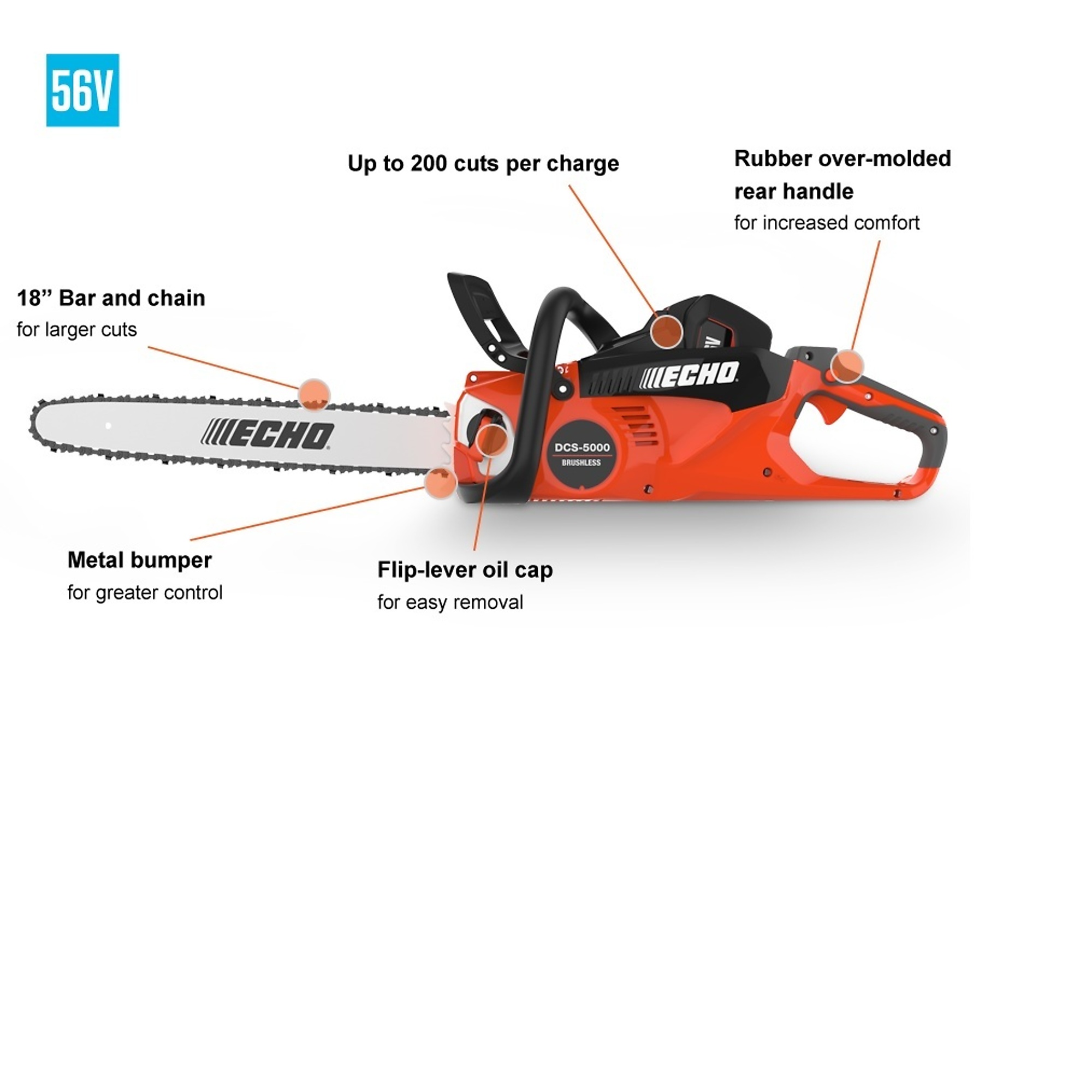 ECHO 56V Battery System, Battery-Powered Rear Handle Chainsaw, Bar
