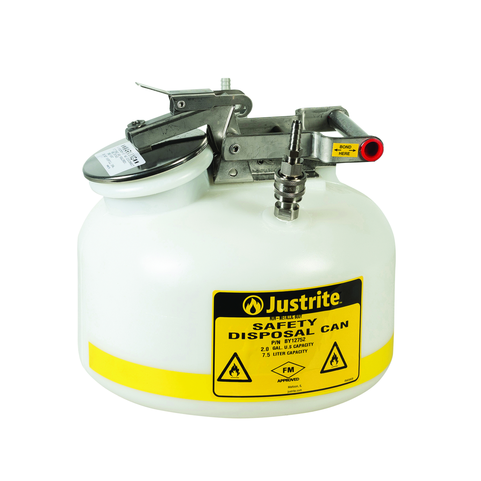 Justrite Polyethylene Quick-Disconnect Disposal Safety Can — 2 Gallons, Polypropylene and Stainless Steel Fittings, Model# BY12752