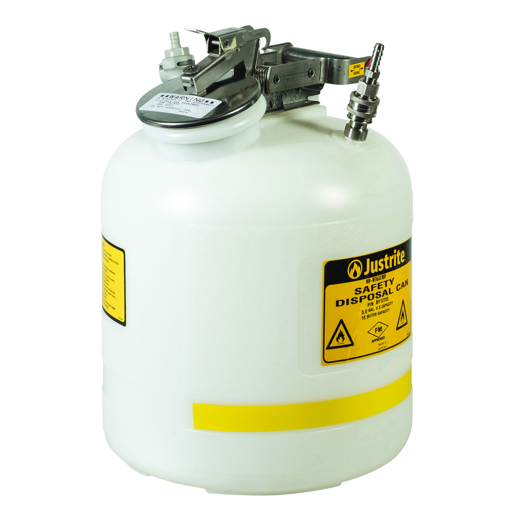 Justrite Polyethylene Quick-Disconnect Disposal Safety Can — 5 Gallon, Stainless Steel Flame Arrester, Polypropylene Fittings, White, Model# BY12755