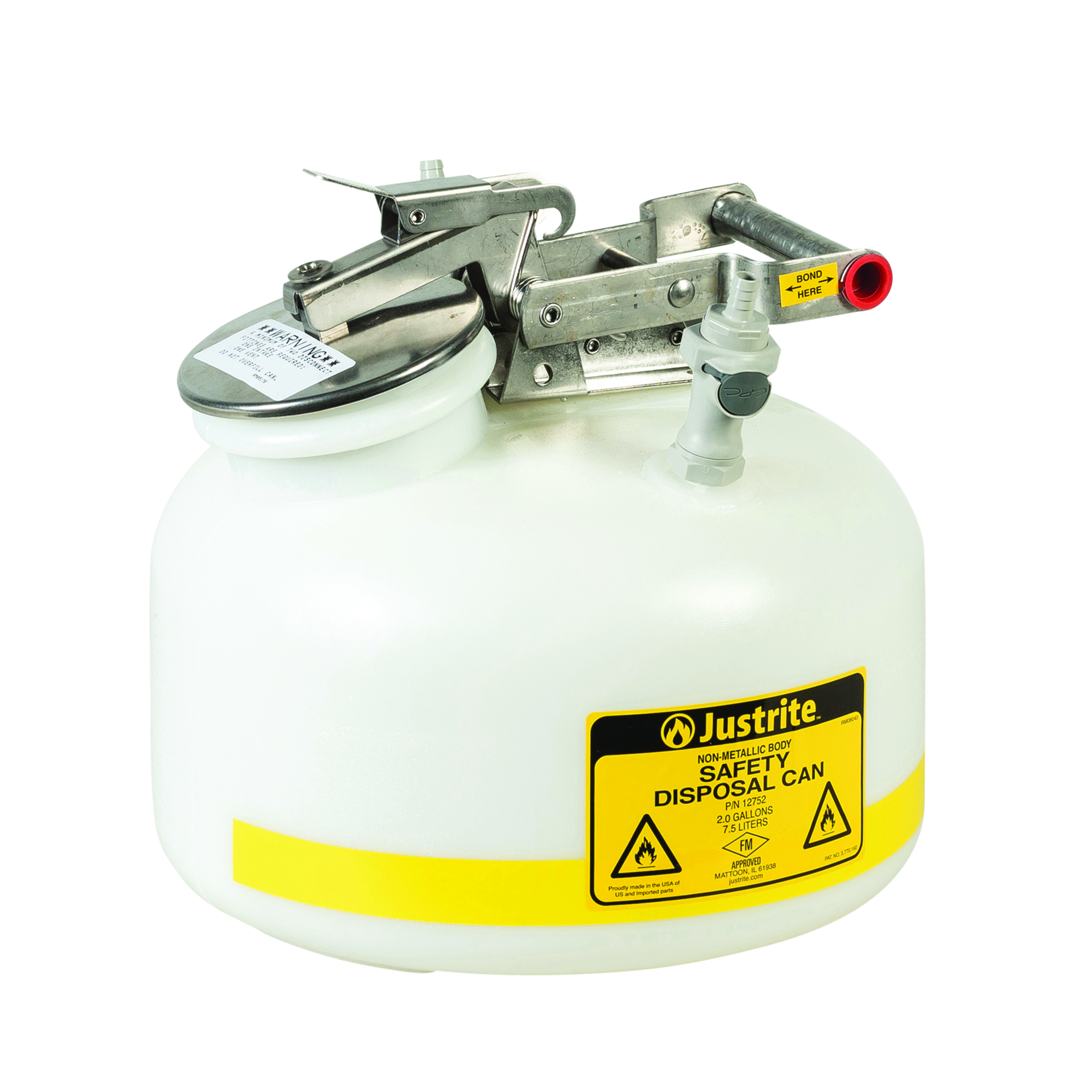 Justrite Quick-Disconnect Disposal Safety Can — 2 Gallon, Polyethylene, Polypropylene Fittings for 3/8in. Tubing, White, Model# PP12752