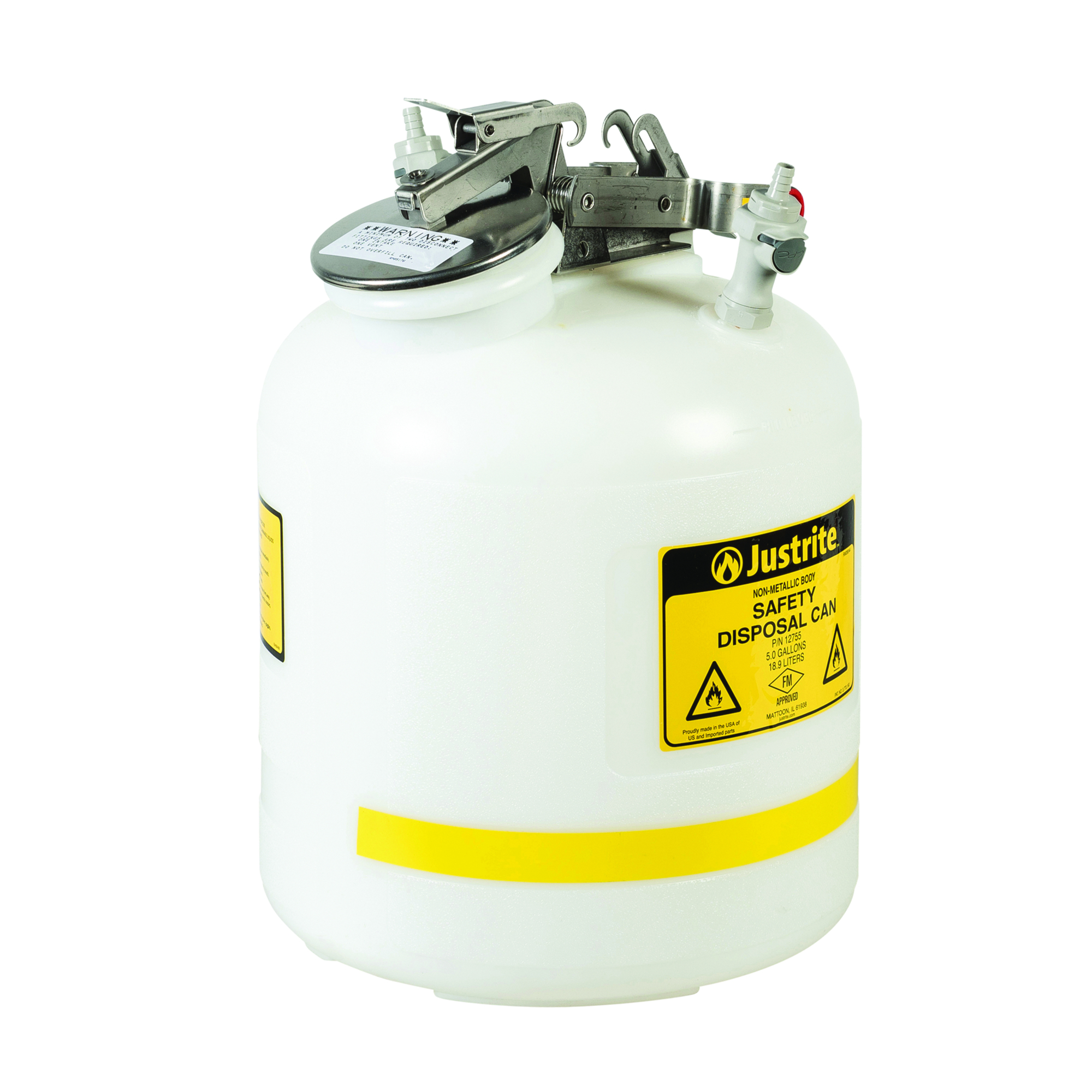 Justrite Polyethylene Quick-Disconnect Disposal Safety Can — 5 Gallon, Polypropylene Fittings, Flame Arrester, White, Model# PP12755