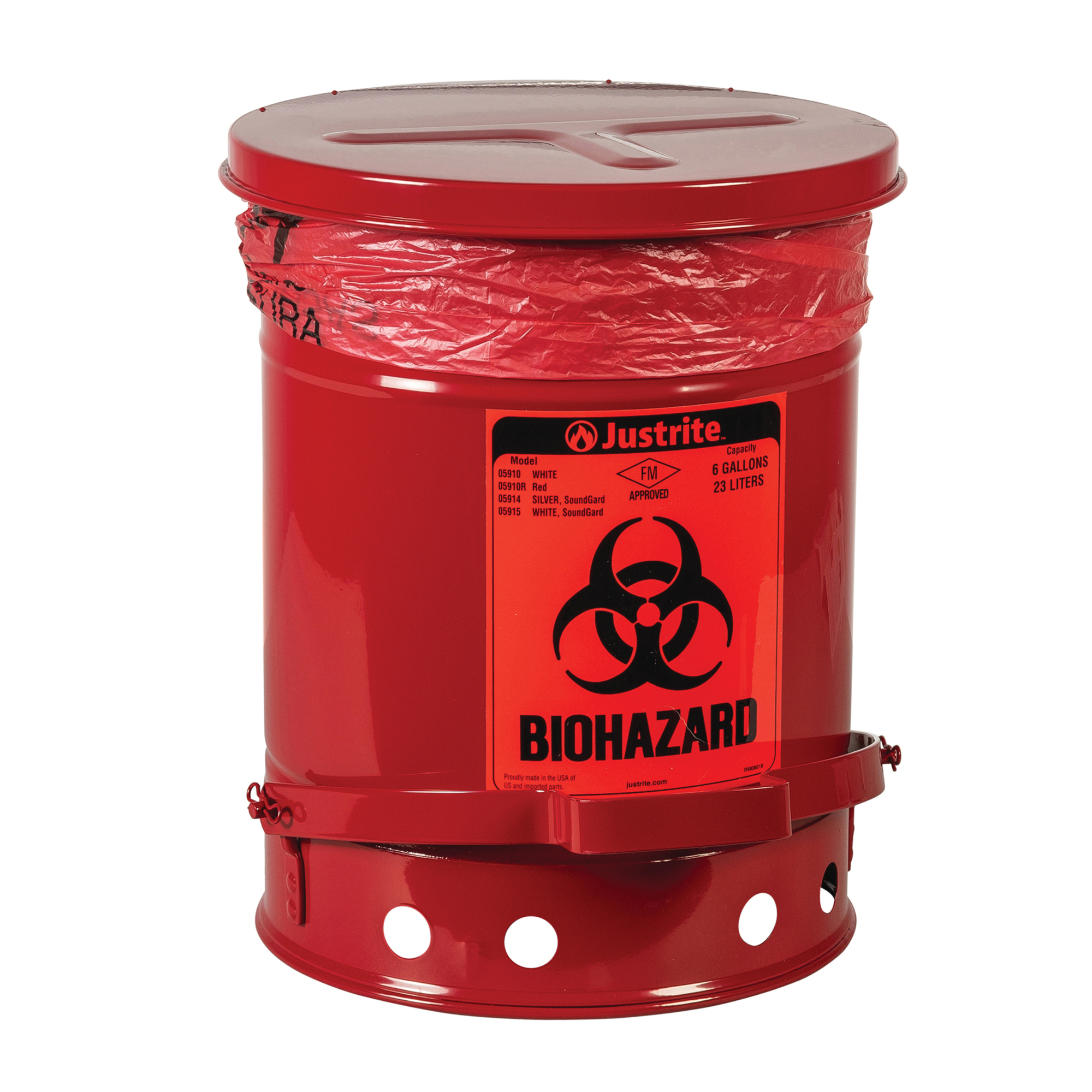 Justrite Steel Biohazard Waste Can — 6 Gallon, Foot-Operated, Self-Closing, Red, Model# 05910R