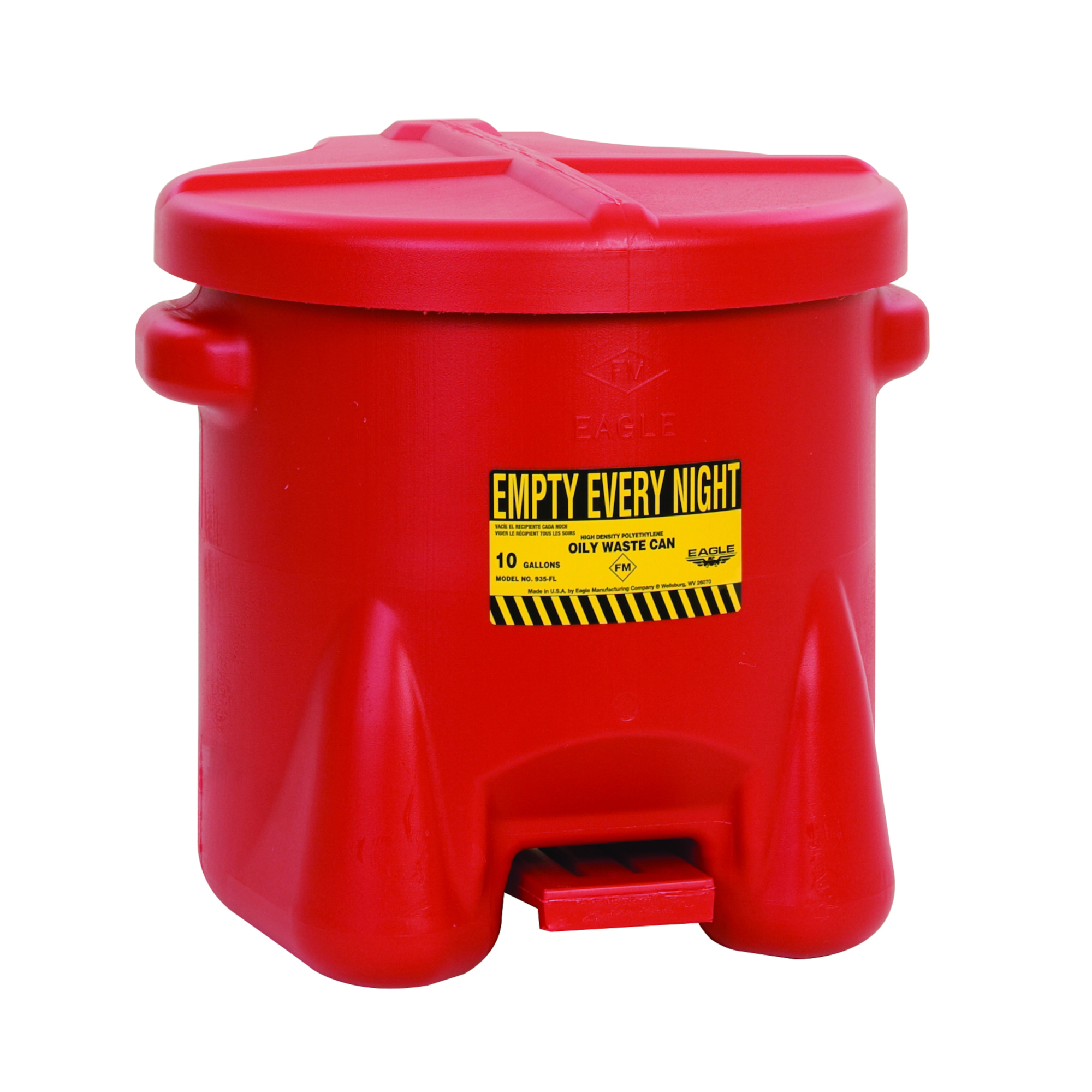 Eagle 10-Gallon Plastic Oily Waste Can — Hands-Free, Self-Closing, Red, HDPE, Model# 935FL
